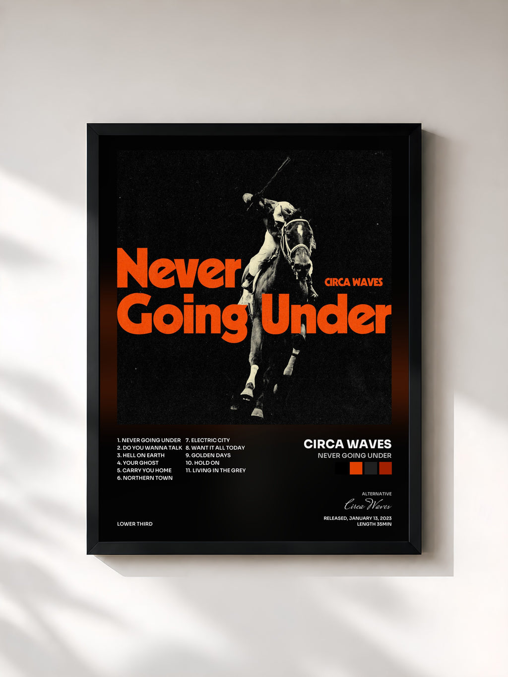 #noir Tableau de l'album Never Going Under de Circa Waves, cadre noir, imprimé et encadré en France