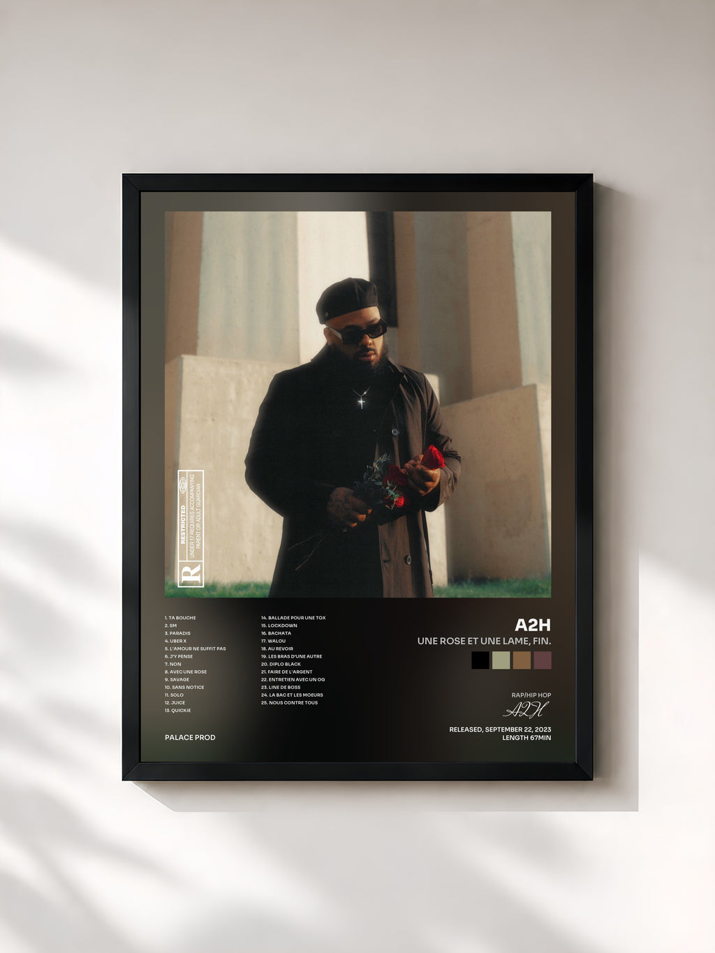 #noir Tableau de l'album Une rose et une lame, FIN. de A2H, cadre noir, imprimé et encadré en France