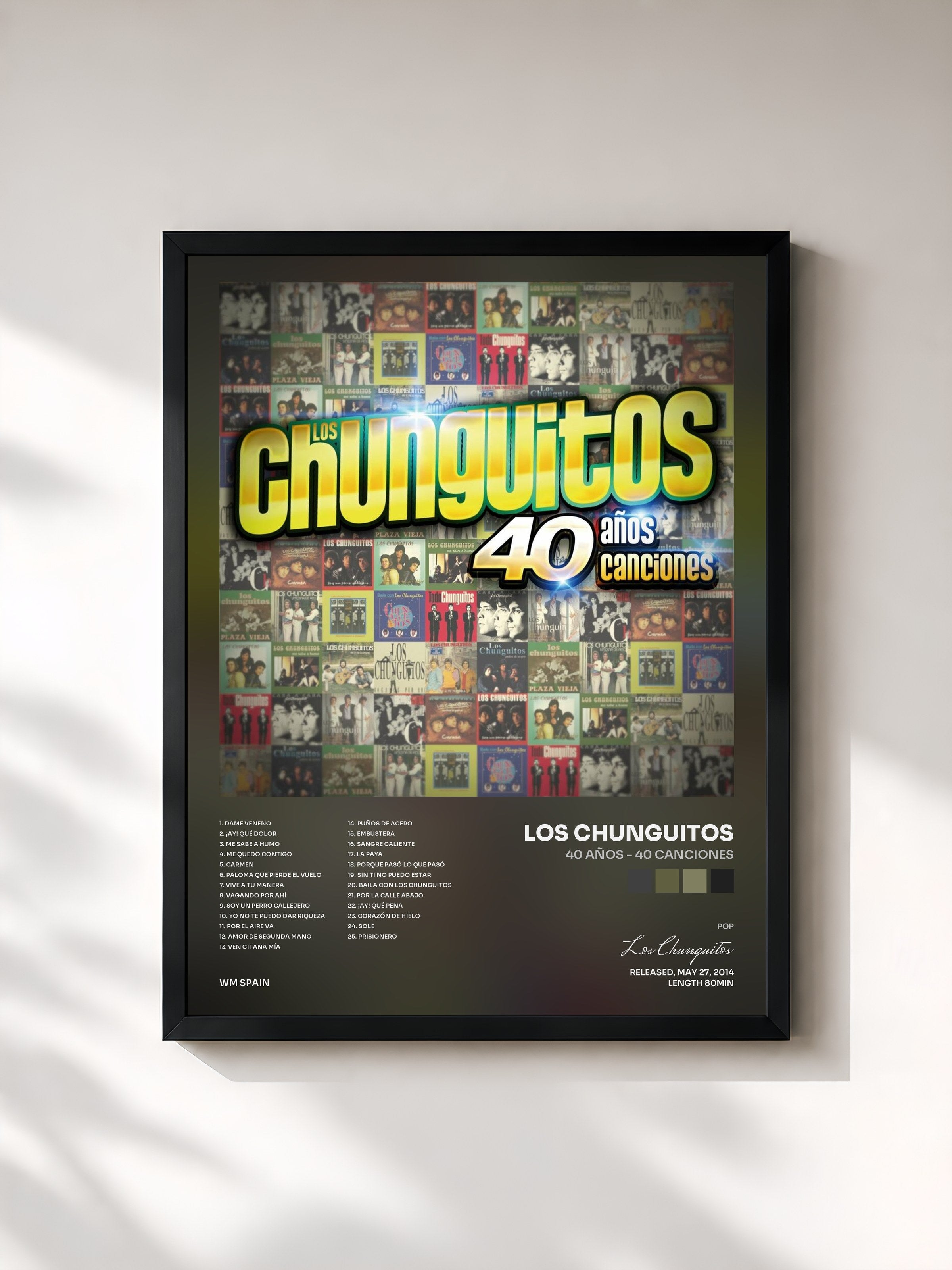 #noir Tableau de l'album 40 Años - 40 Canciones de Los Chunguitos, cadre noir, imprimé et encadré en France