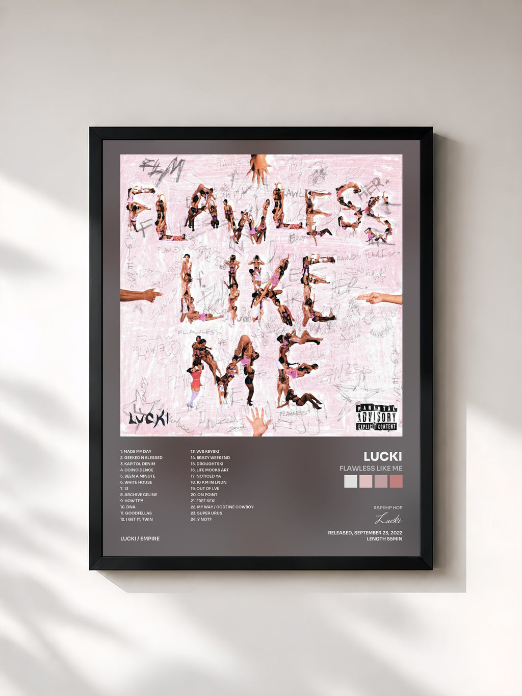 #noir Tableau de l'album FLAWLESS LIKE ME de Lucki, cadre noir, imprimé et encadré en France