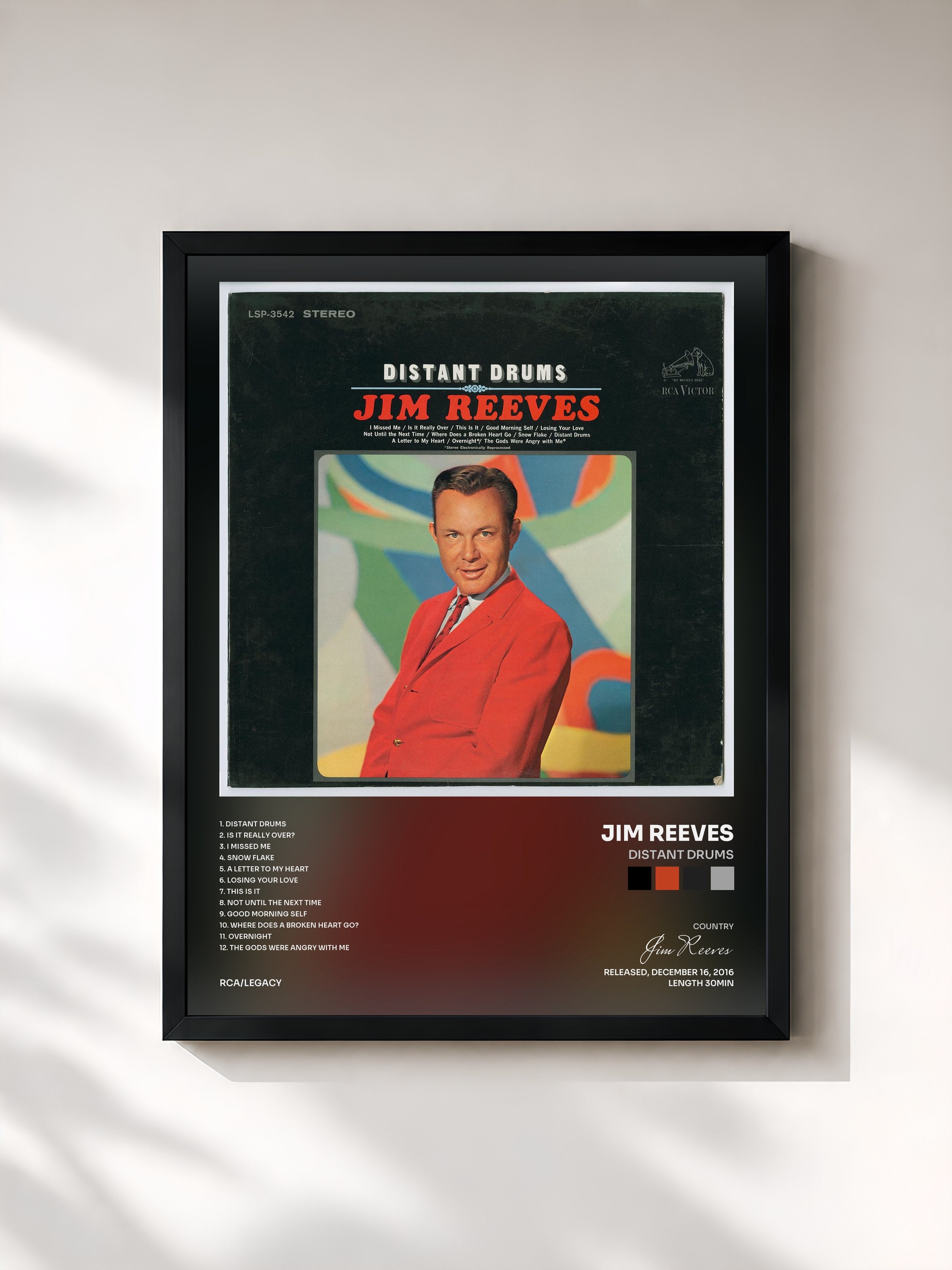 #noir Tableau de l'album Distant Drums de Jim Reeves, cadre noir, imprimé et encadré en France