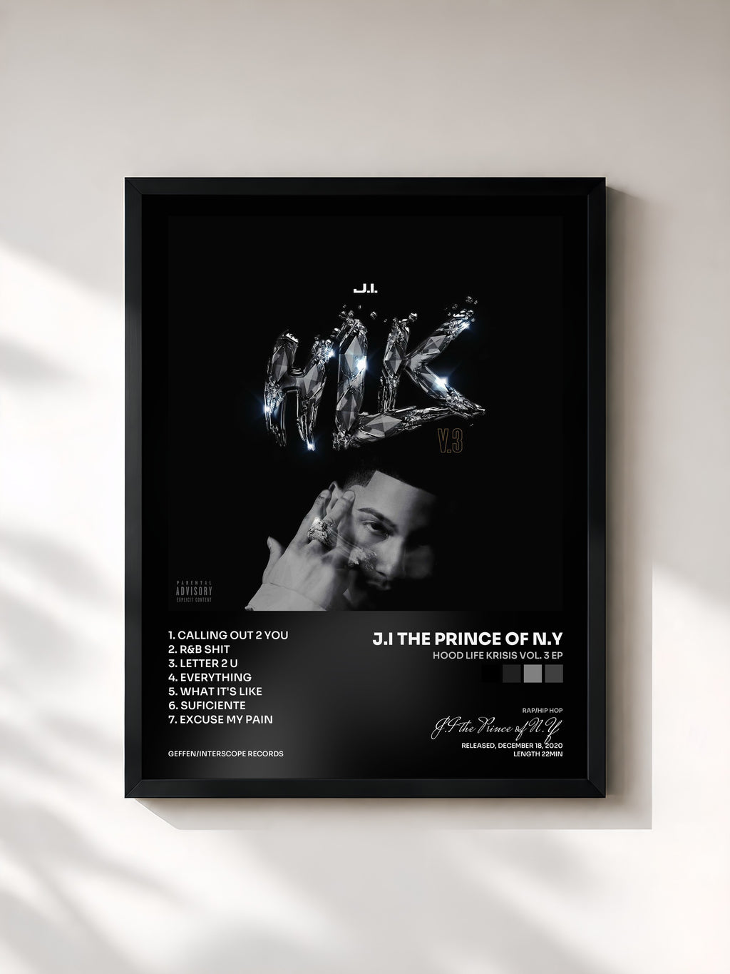 #noir Tableau de l'album Hood Life Krisis Vol. 3 EP de J.I the Prince of N.Y, cadre noir, imprimé et encadré en France