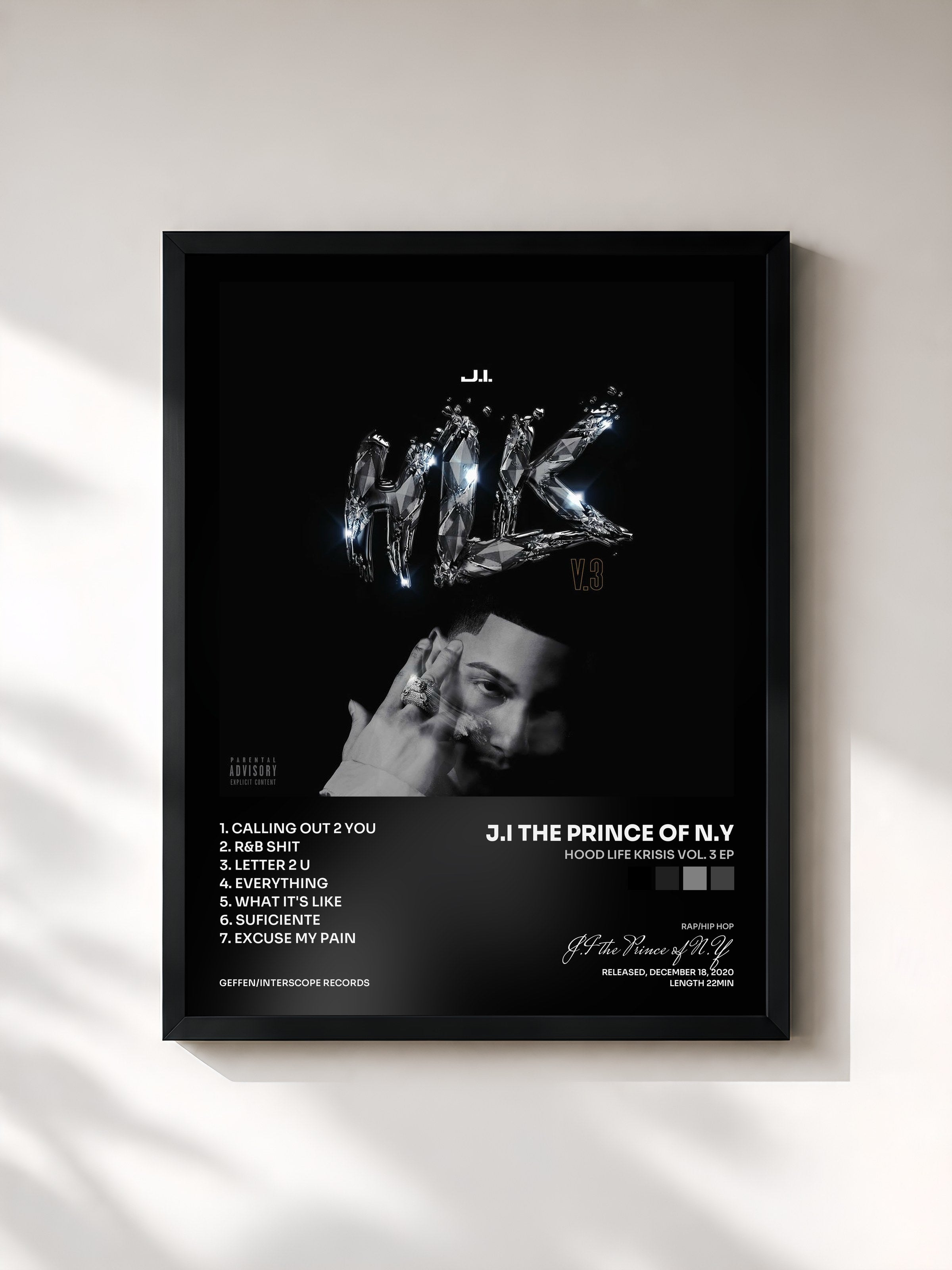 #noir Tableau de l'album Hood Life Krisis Vol. 3 EP de J.I the Prince of N.Y, cadre noir, imprimé et encadré en France