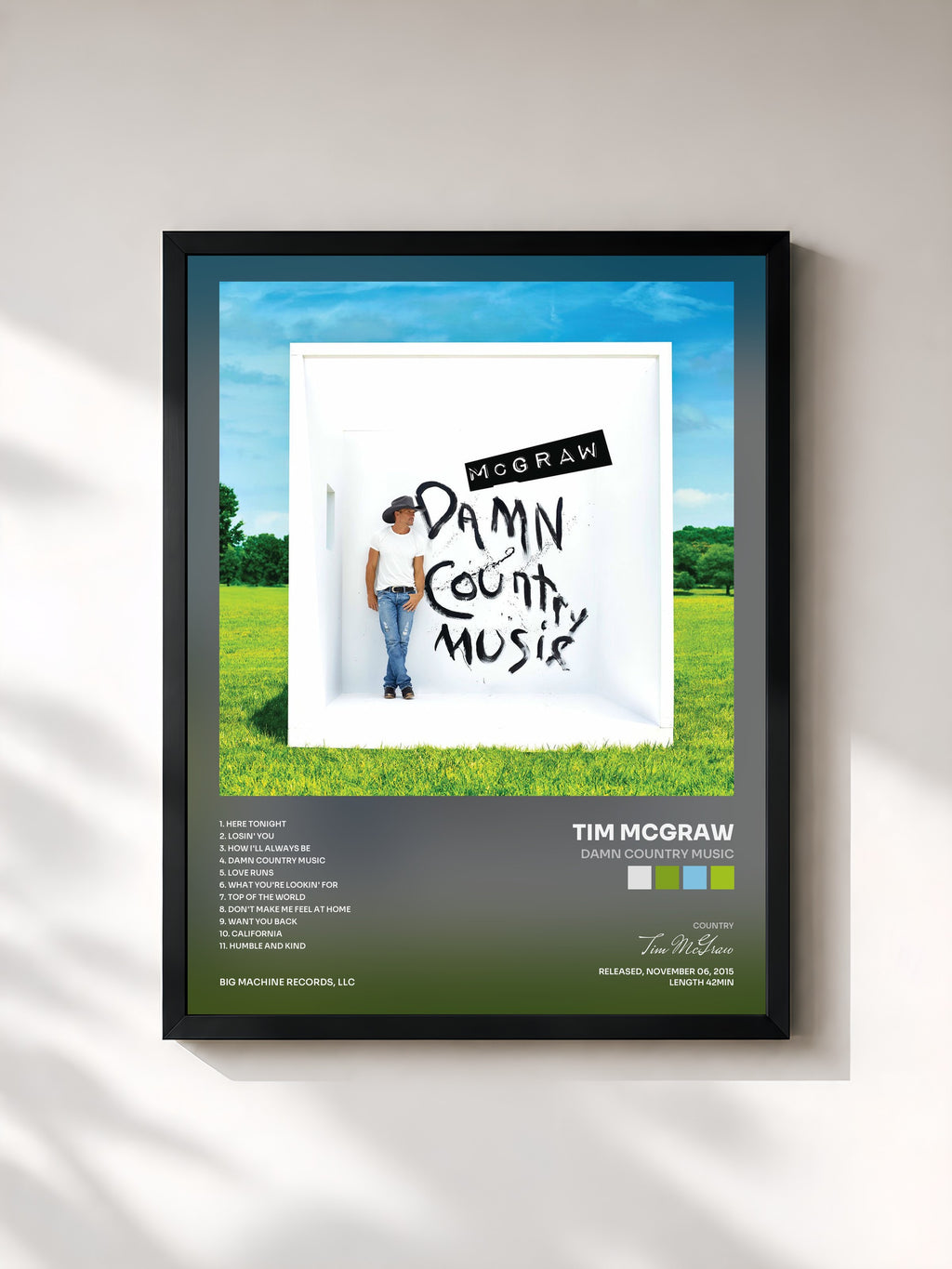 #noir Tableau de l'album Damn Country Music de Tim McGraw, cadre noir, imprimé et encadré en France