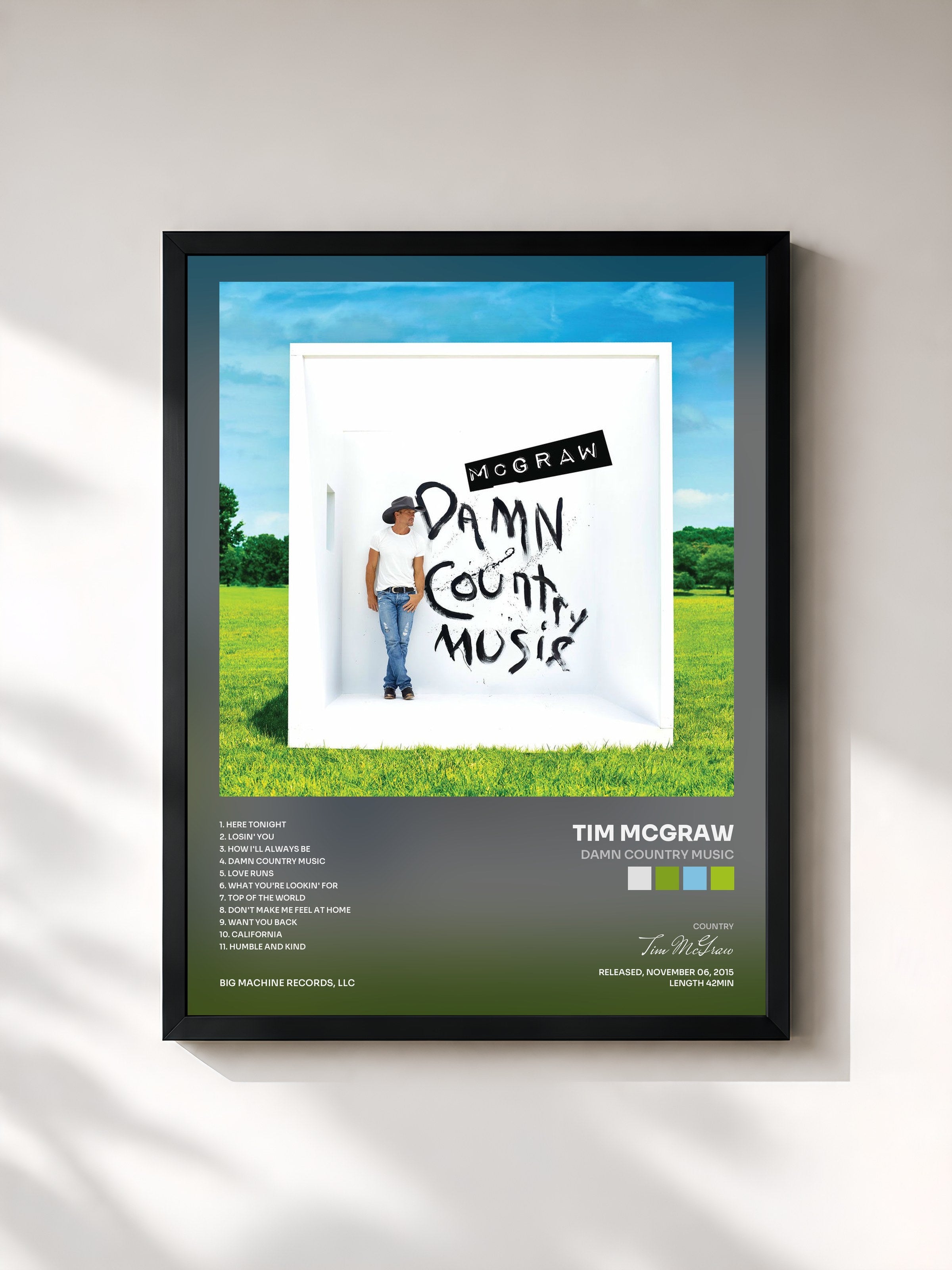 #noir Tableau de l'album Damn Country Music de Tim McGraw, cadre noir, imprimé et encadré en France