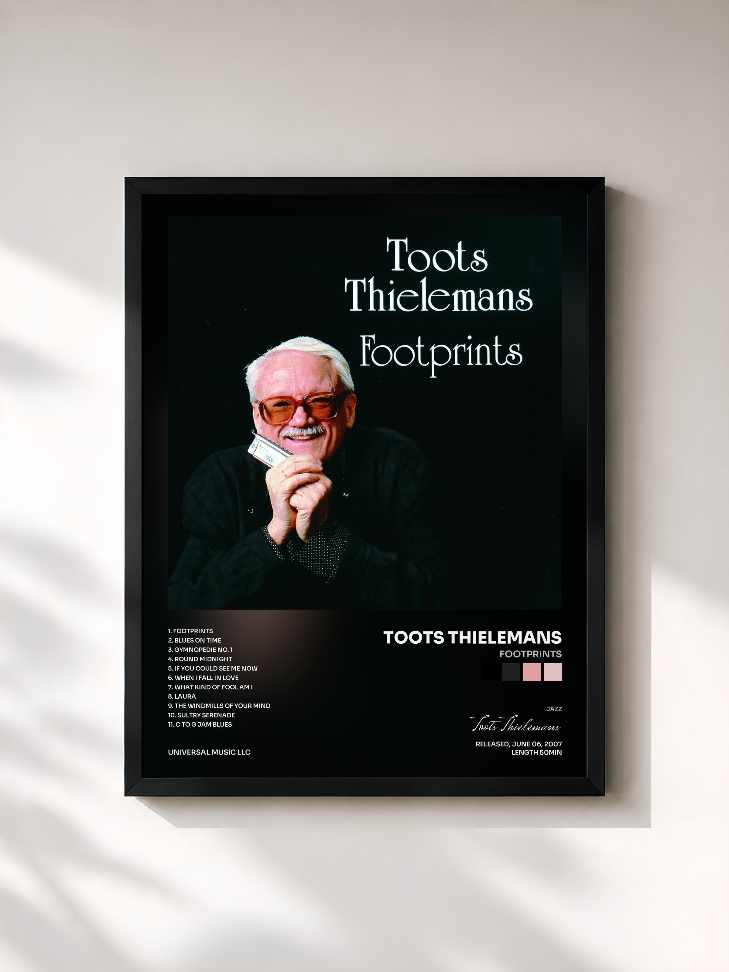 #noir Tableau de l'album Footprints de Toots Thielemans, cadre noir, imprimé et encadré en France