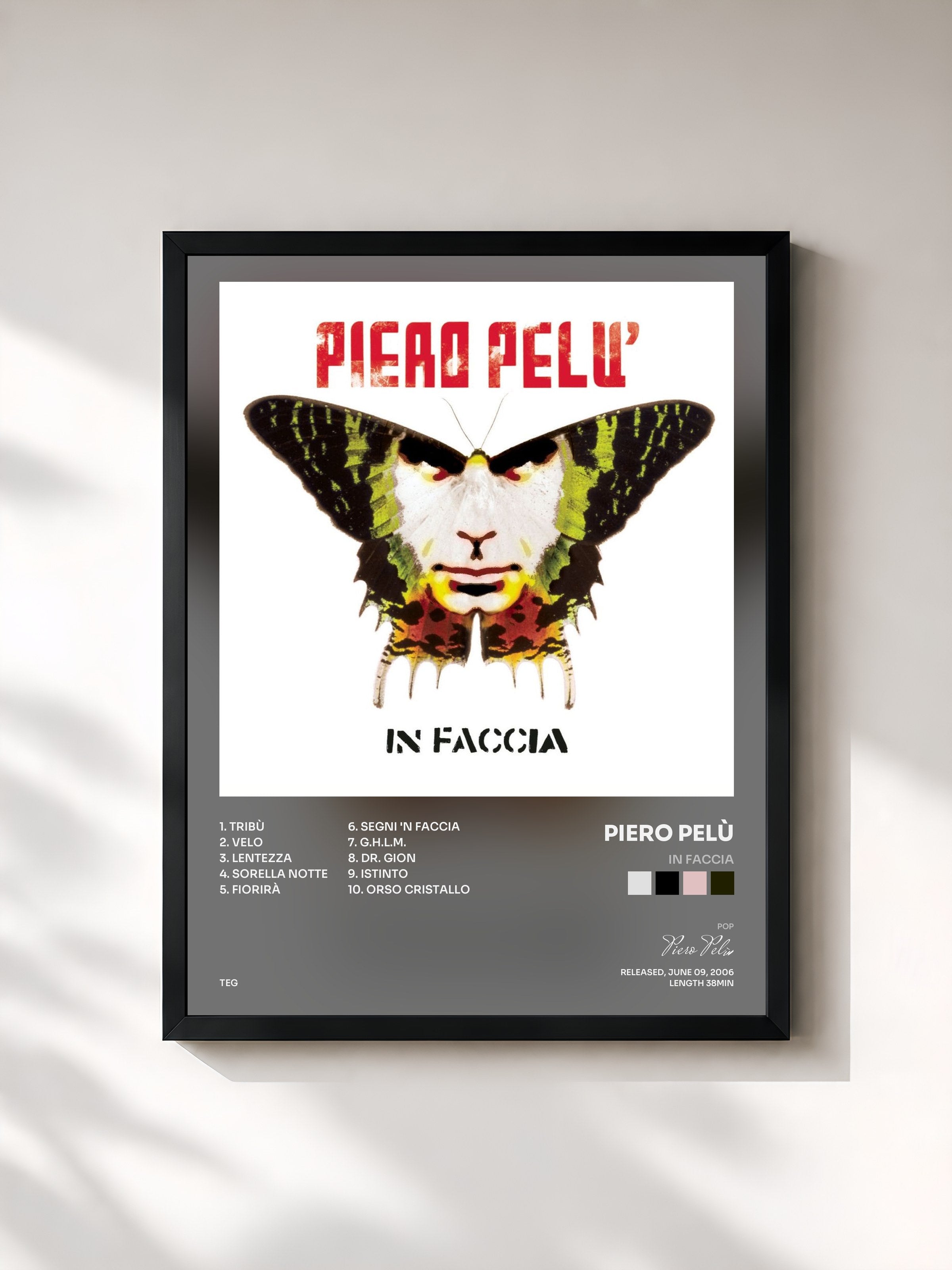 #noir Tableau de l'album In Faccia de Piero Pelù, cadre noir, imprimé et encadré en France