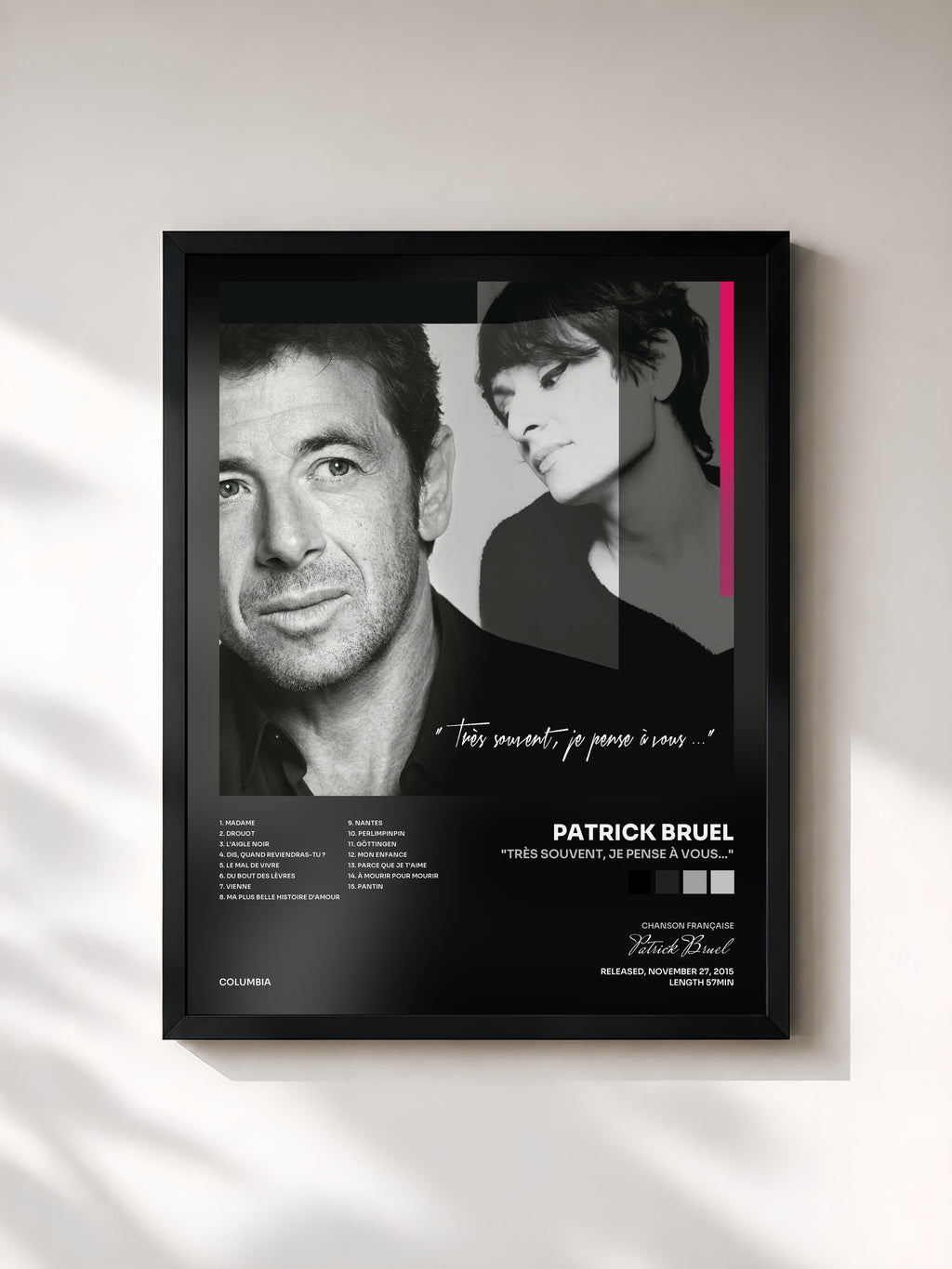 #noir Tableau de l'album "Très souvent, je pense à vous..." de Patrick Bruel, cadre noir, imprimé et encadré en France