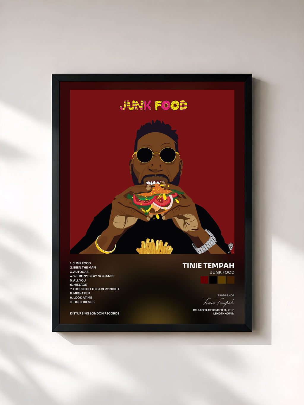 #noir Tableau de l'album Junk Food de Tinie Tempah, cadre noir, imprimé et encadré en France