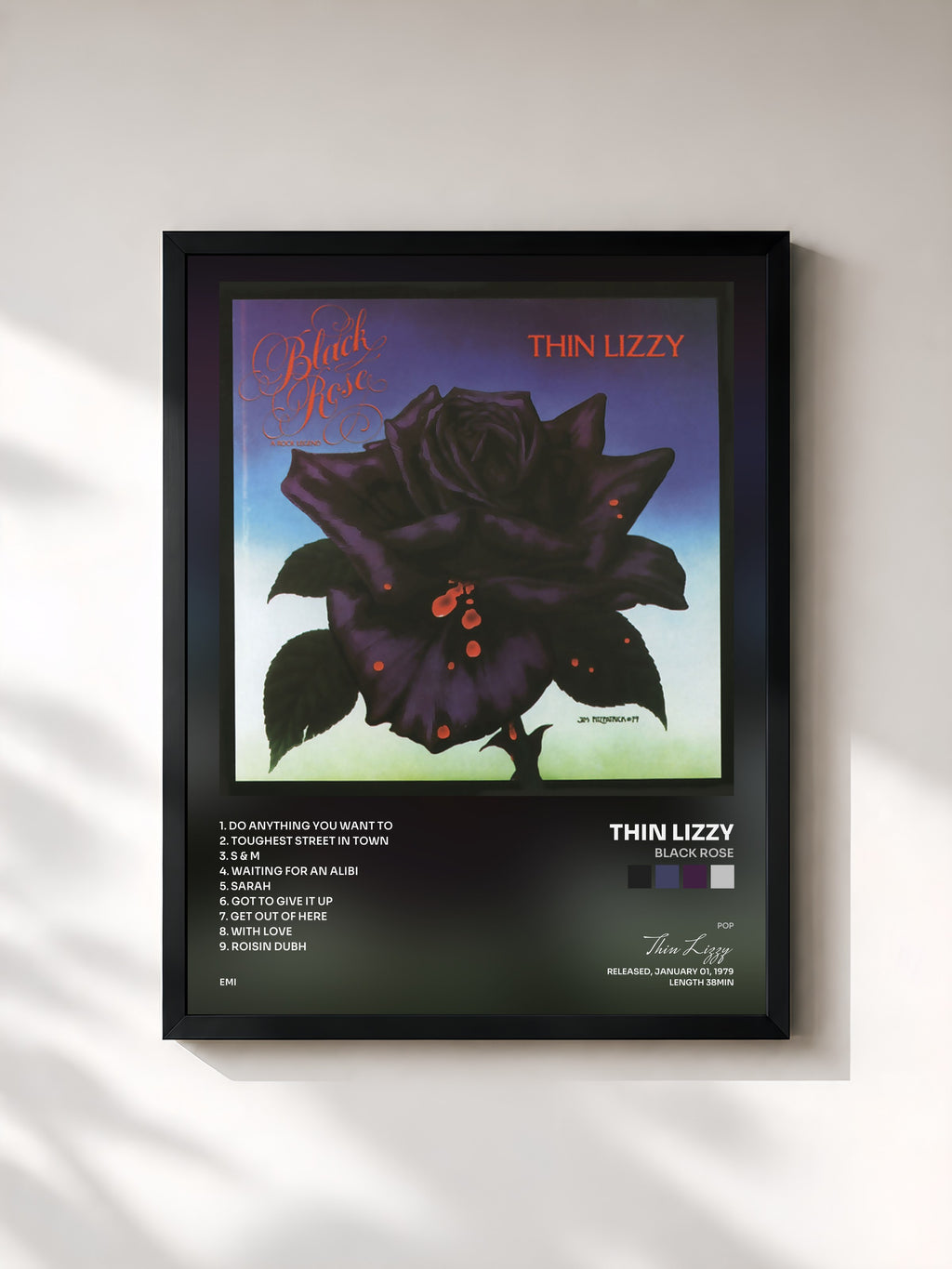 #noir Tableau de l'album Black Rose de Thin Lizzy, cadre noir, imprimé et encadré en France