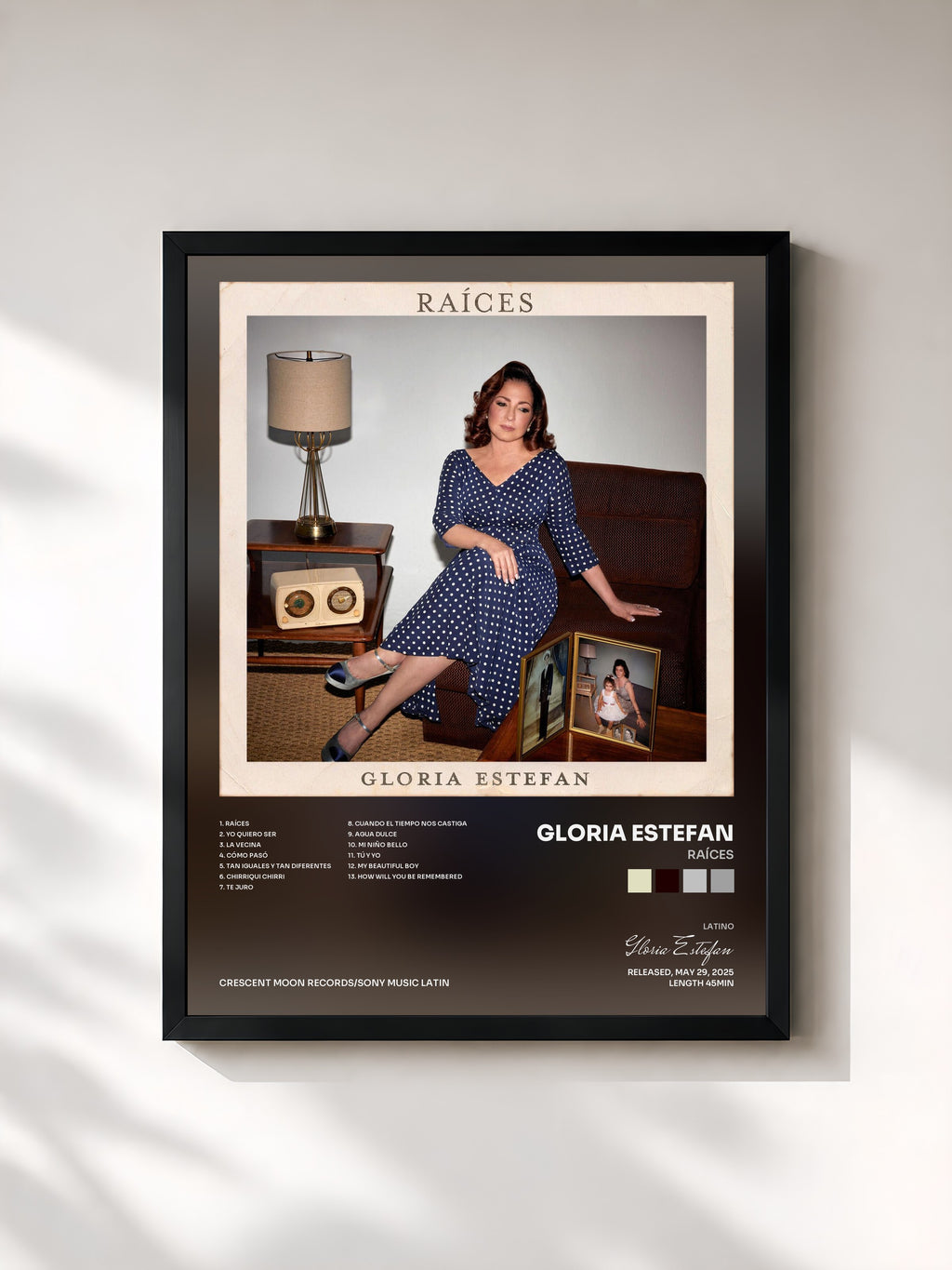 #noir Tableau de l'album Raíces de Gloria Estefan, cadre noir, imprimé et encadré en France