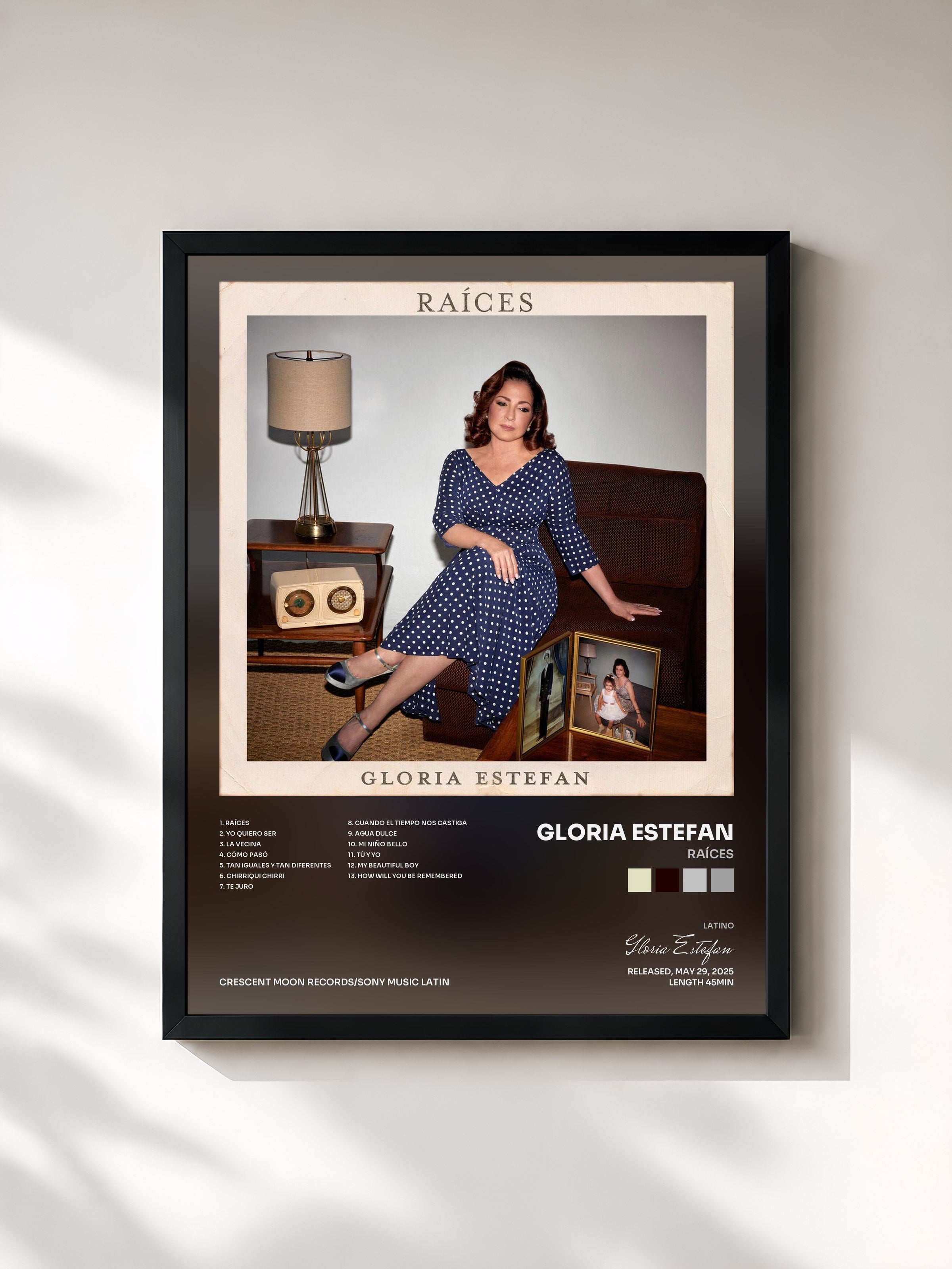 #noir Tableau de l'album Raíces de Gloria Estefan, cadre noir, imprimé et encadré en France