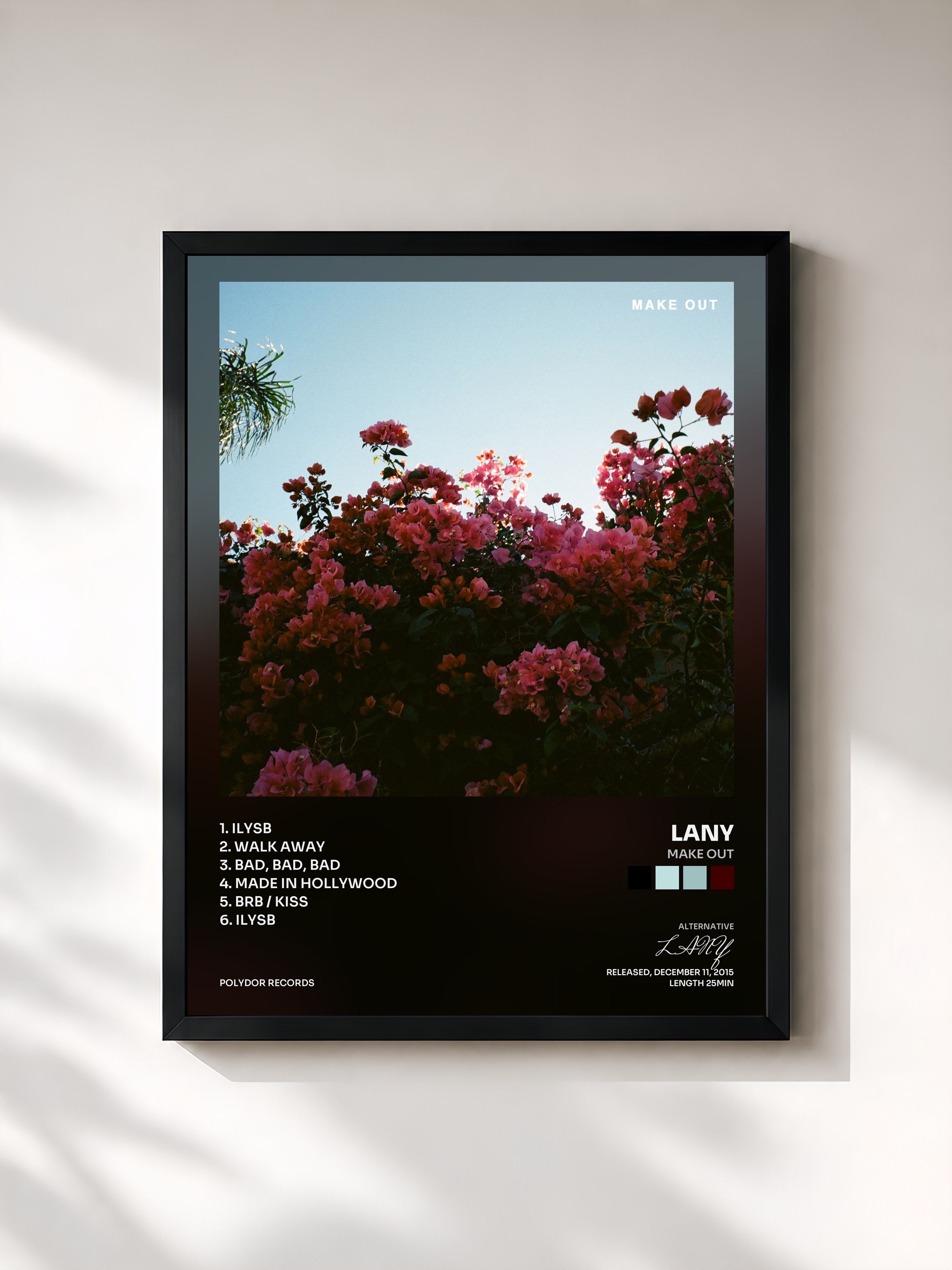 #noir Tableau de l'album Make Out de LANY, cadre noir, imprimé et encadré en France