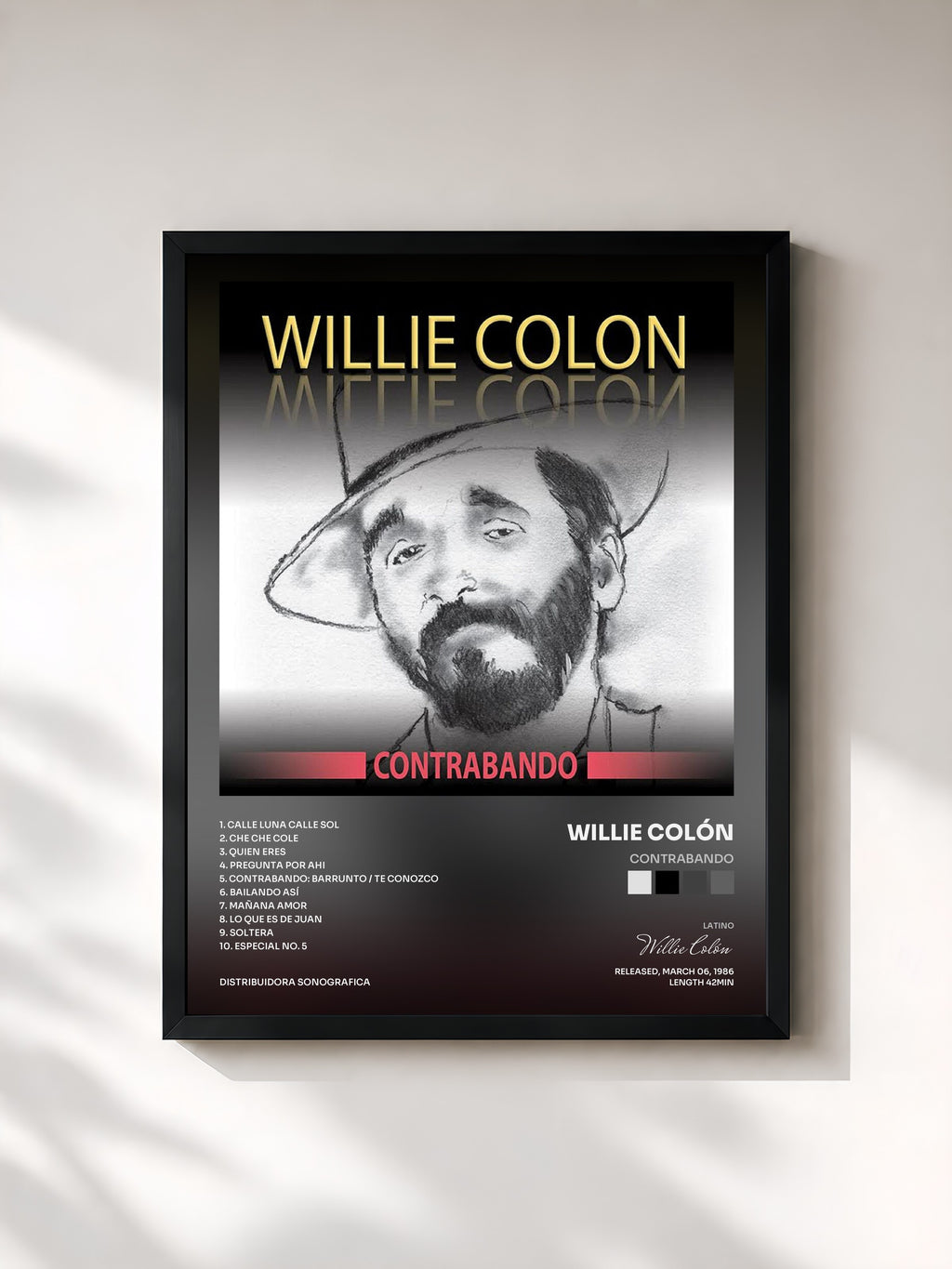 #noir Tableau de l'album Contrabando de Willie Colón, cadre noir, imprimé et encadré en France