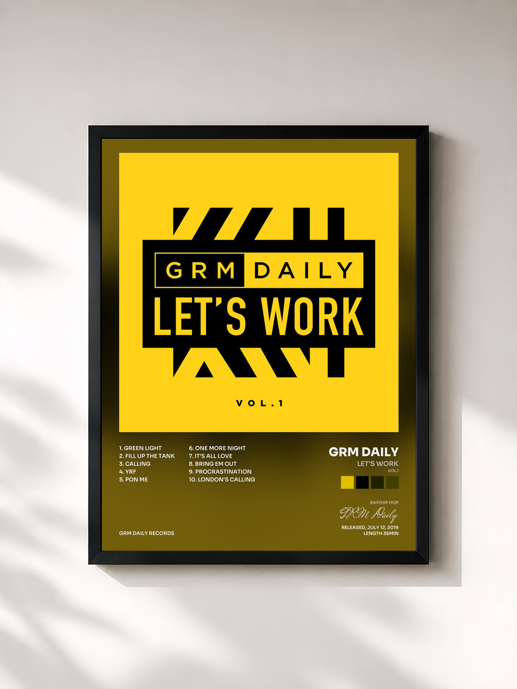 #noir Tableau de l'album Let's Work (Vol.1) de GRM Daily, cadre noir, imprimé et encadré en France