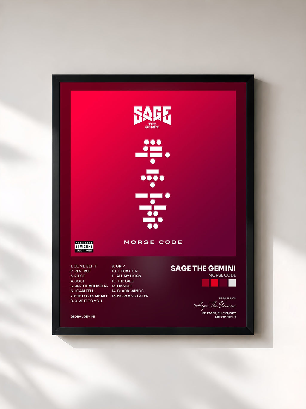 #noir Tableau de l'album Morse Code de Sage The Gemini, cadre noir, imprimé et encadré en France