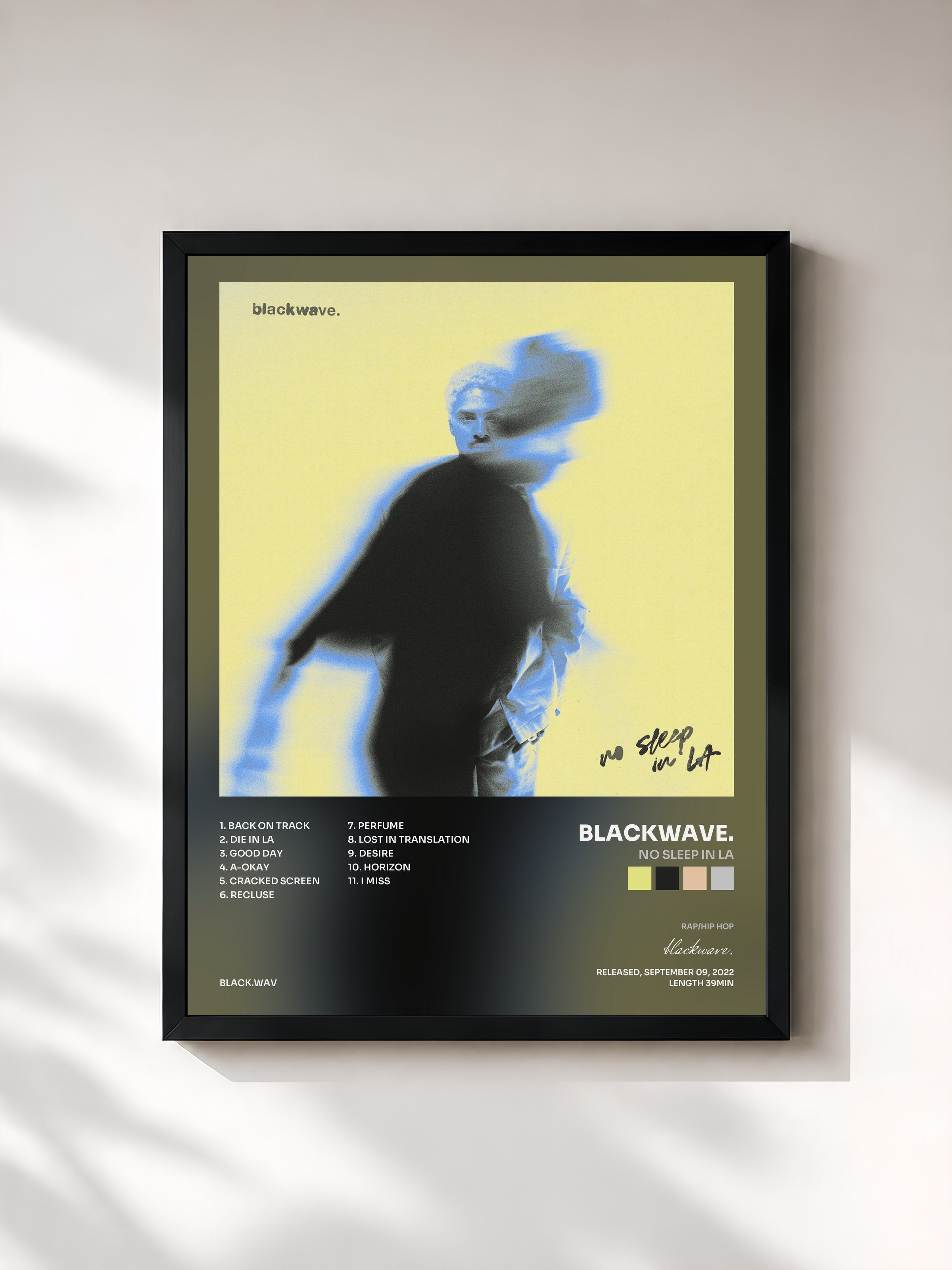 #noir Tableau de l'album no sleep in LA de blackwave., cadre noir, imprimé et encadré en France