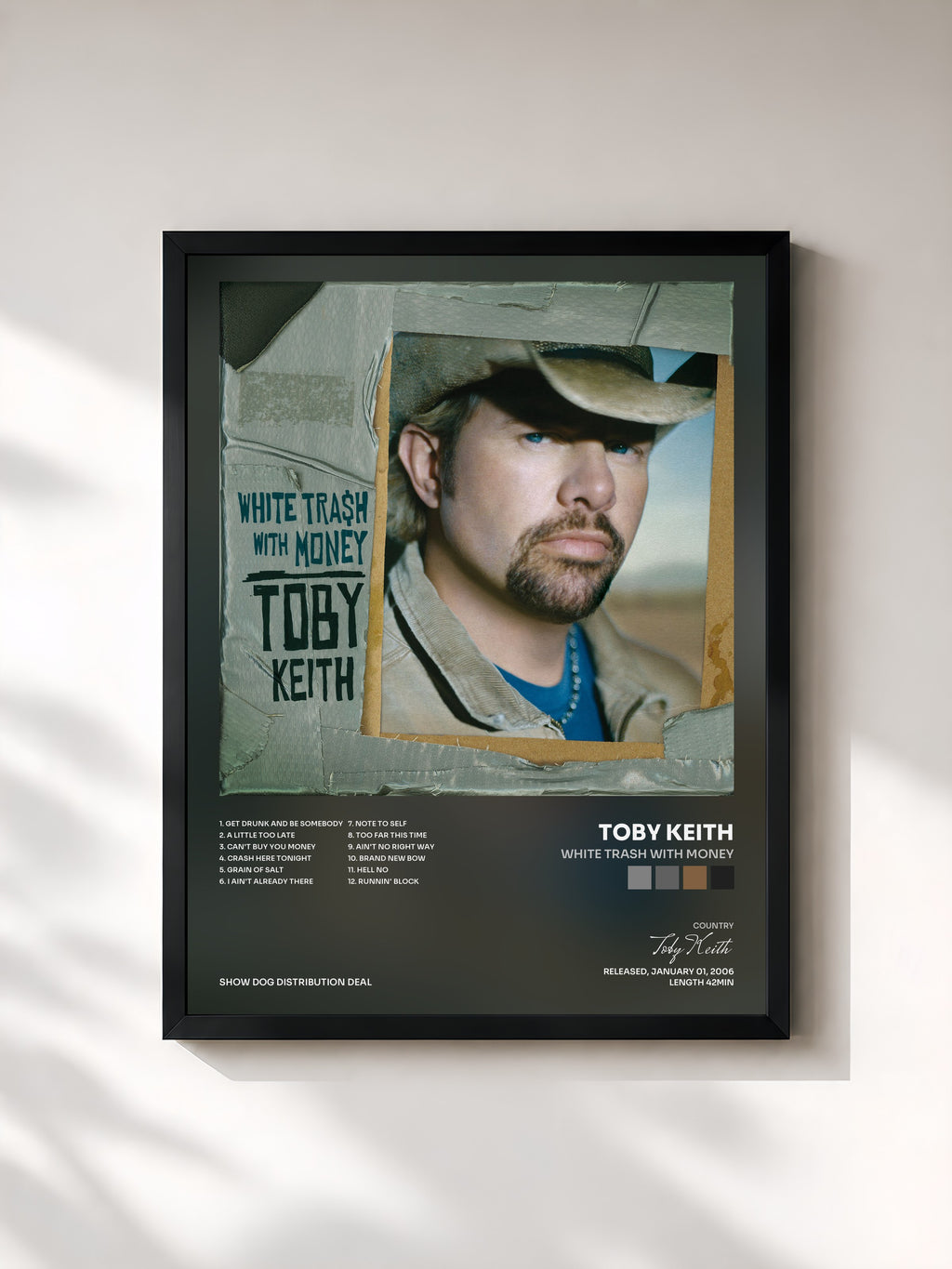 #noir Tableau de l'album White Trash With Money de Toby Keith, cadre noir, imprimé et encadré en France