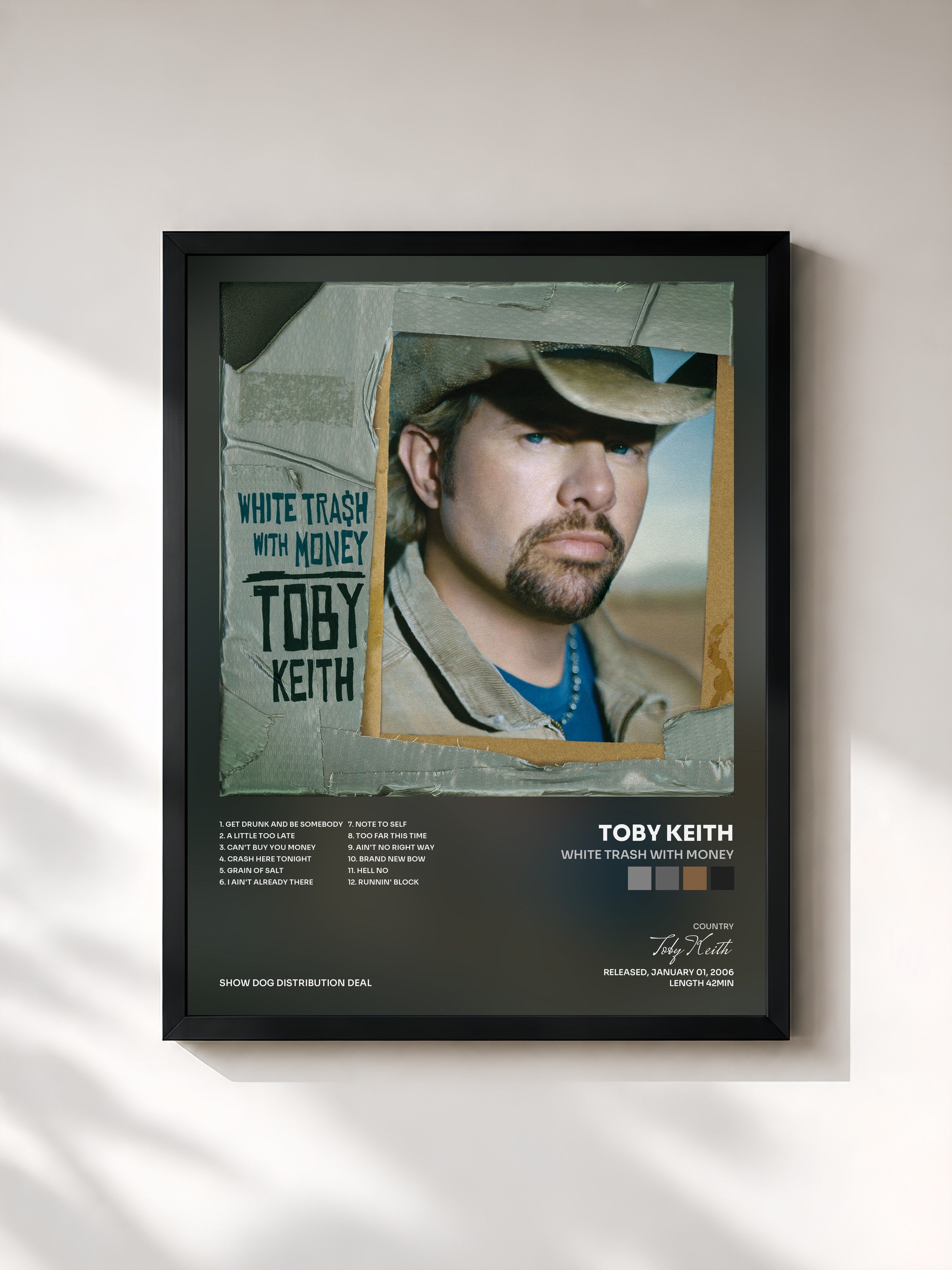 #noir Tableau de l'album White Trash With Money de Toby Keith, cadre noir, imprimé et encadré en France