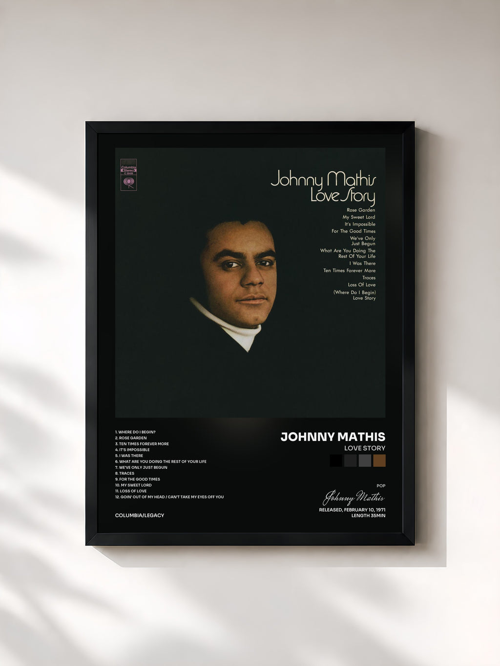#noir Tableau de l'album Love Story de Johnny Mathis, cadre noir, imprimé et encadré en France