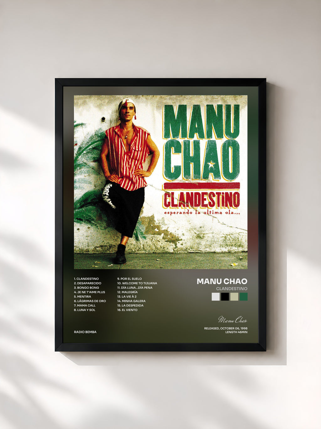 #noir Tableau de l'album Clandestino de Manu Chao, cadre noir, imprimé et encadré en France