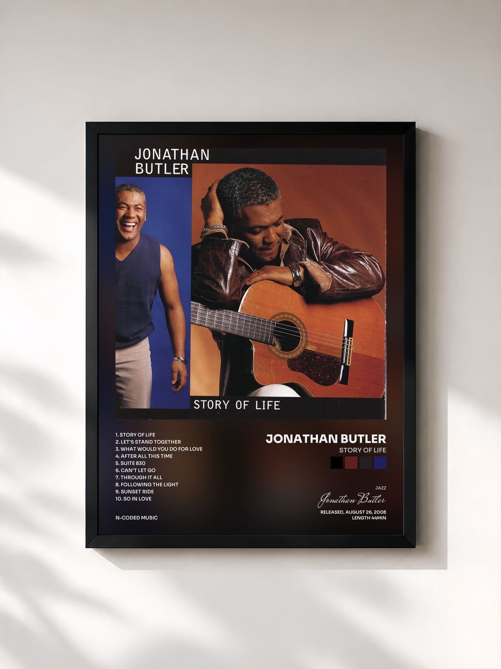 #noir Tableau de l'album Story of Life de Jonathan Butler, cadre noir, imprimé et encadré en France