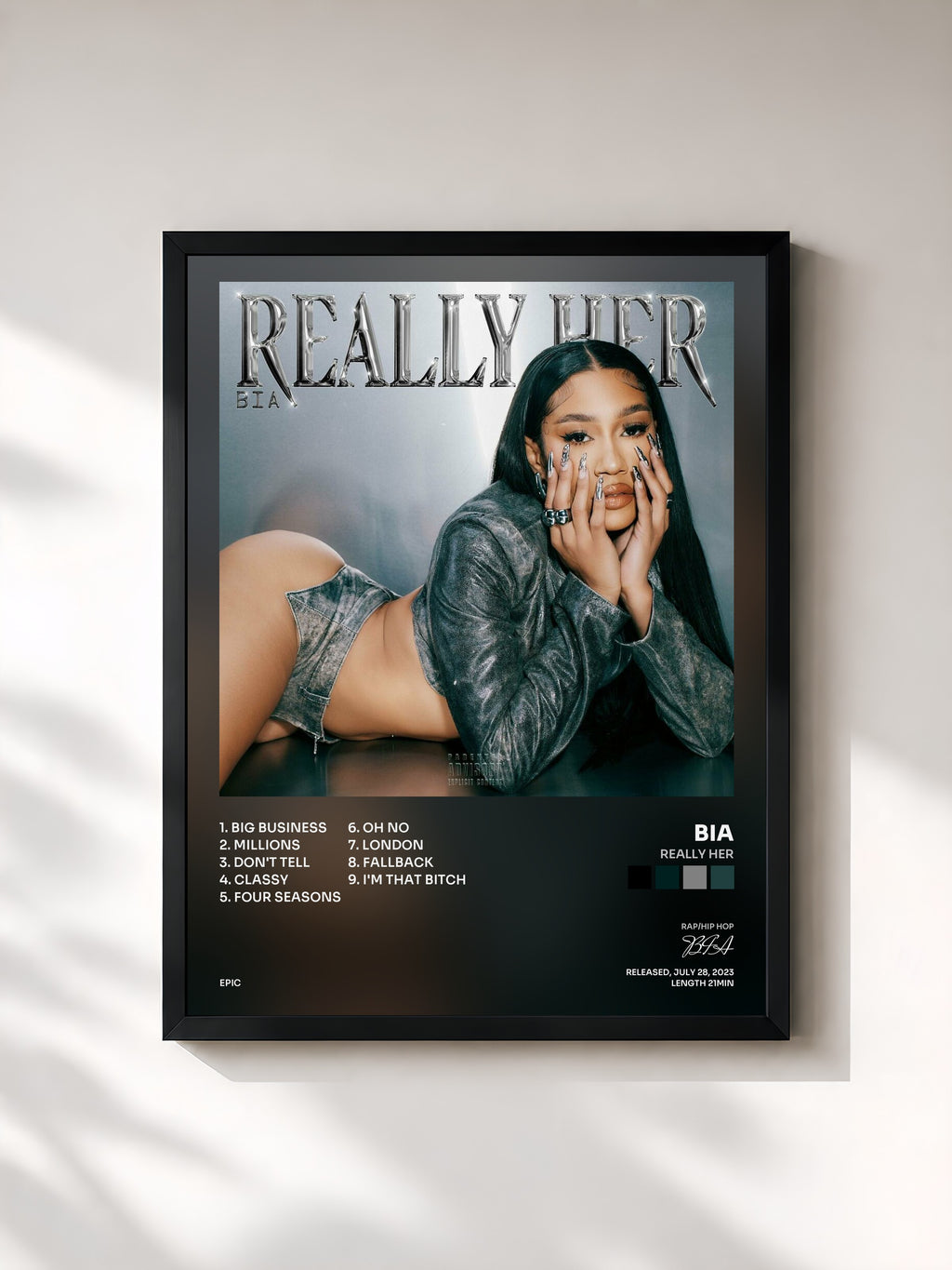 #noir Tableau de l'album REALLY HER de BIA, cadre noir, imprimé et encadré en France