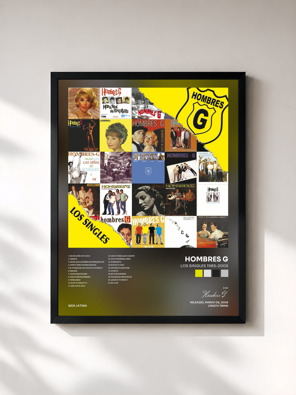 #noir Tableau de l'album Los Singles 1985-2005 de Hombres G, cadre noir, imprimé et encadré en France