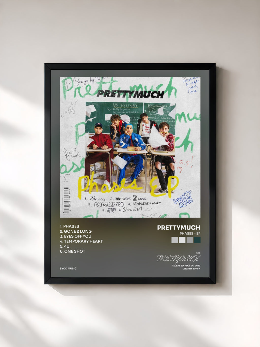 #noir Tableau de l'album Phases - EP de PRETTYMUCH, cadre noir, imprimé et encadré en France