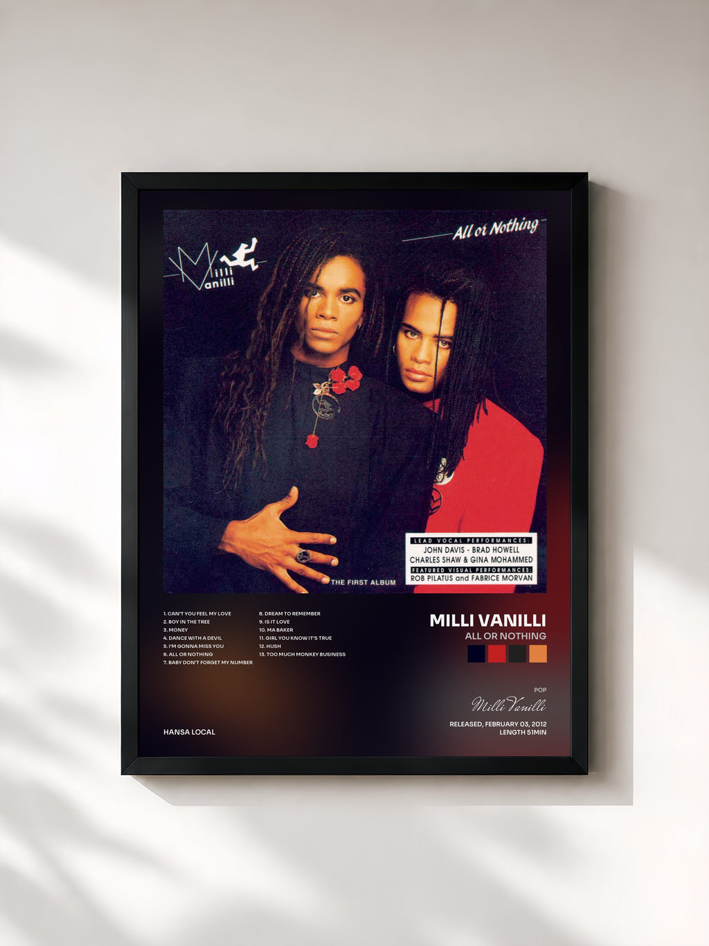 #noir Tableau de l'album All Or Nothing de Milli Vanilli, cadre noir, imprimé et encadré en France