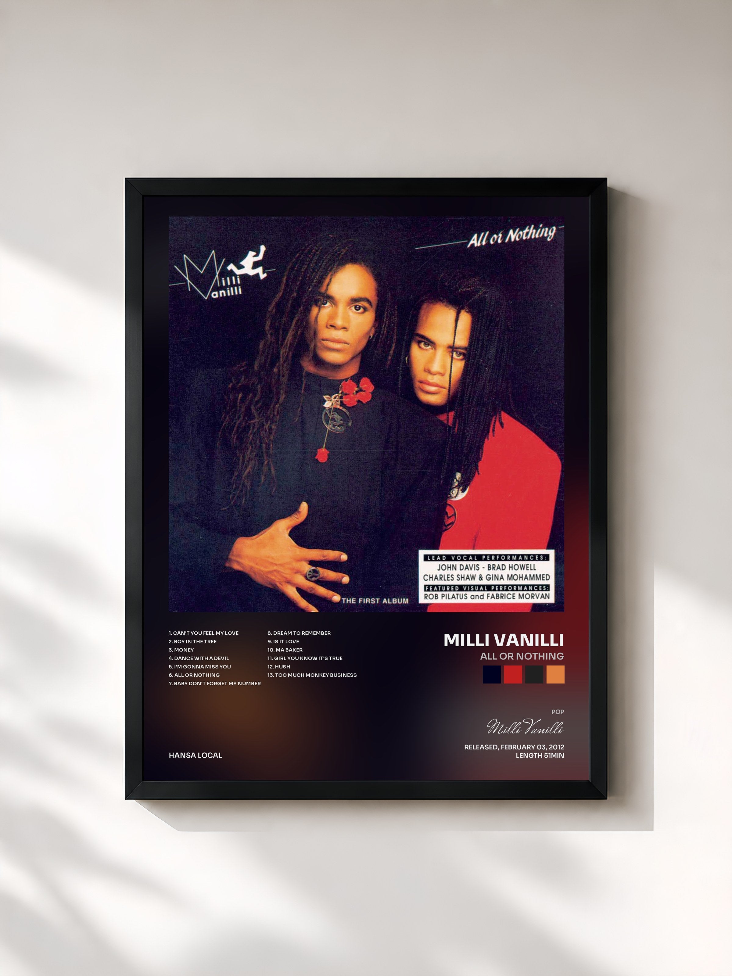 #noir Tableau de l'album All Or Nothing de Milli Vanilli, cadre noir, imprimé et encadré en France