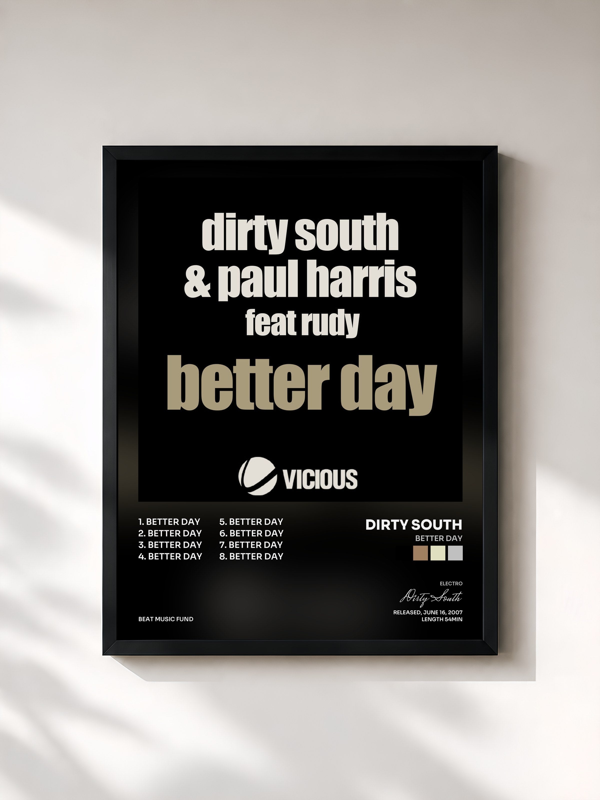 #noir Tableau de l'album Better Day de Dirty South, cadre noir, imprimé et encadré en France