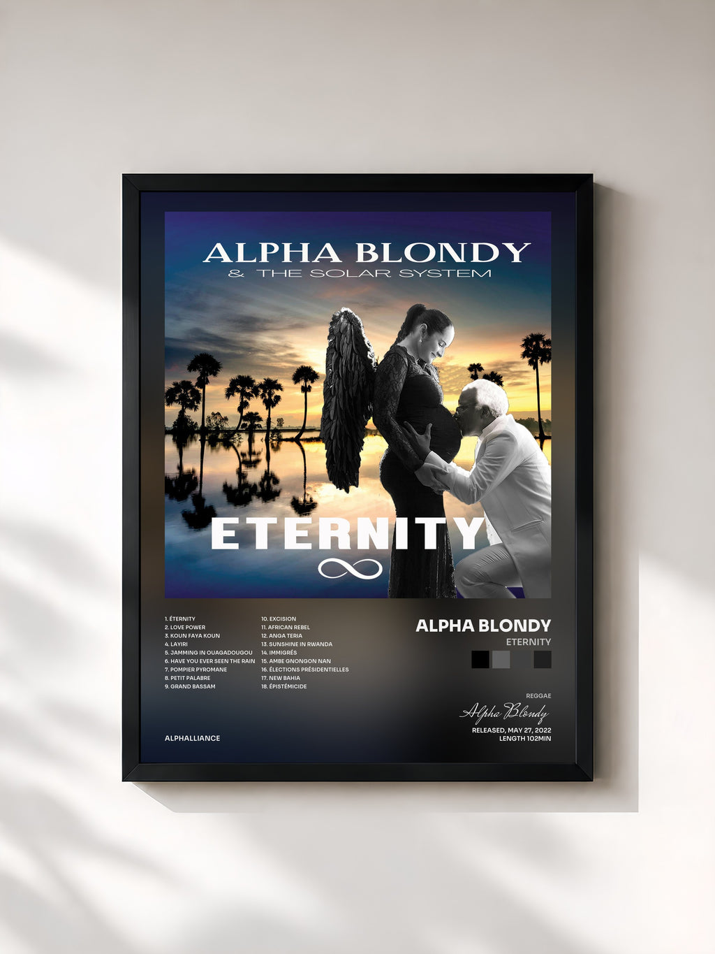 #noir Tableau de l'album Eternity de Alpha Blondy, cadre noir, imprimé et encadré en France