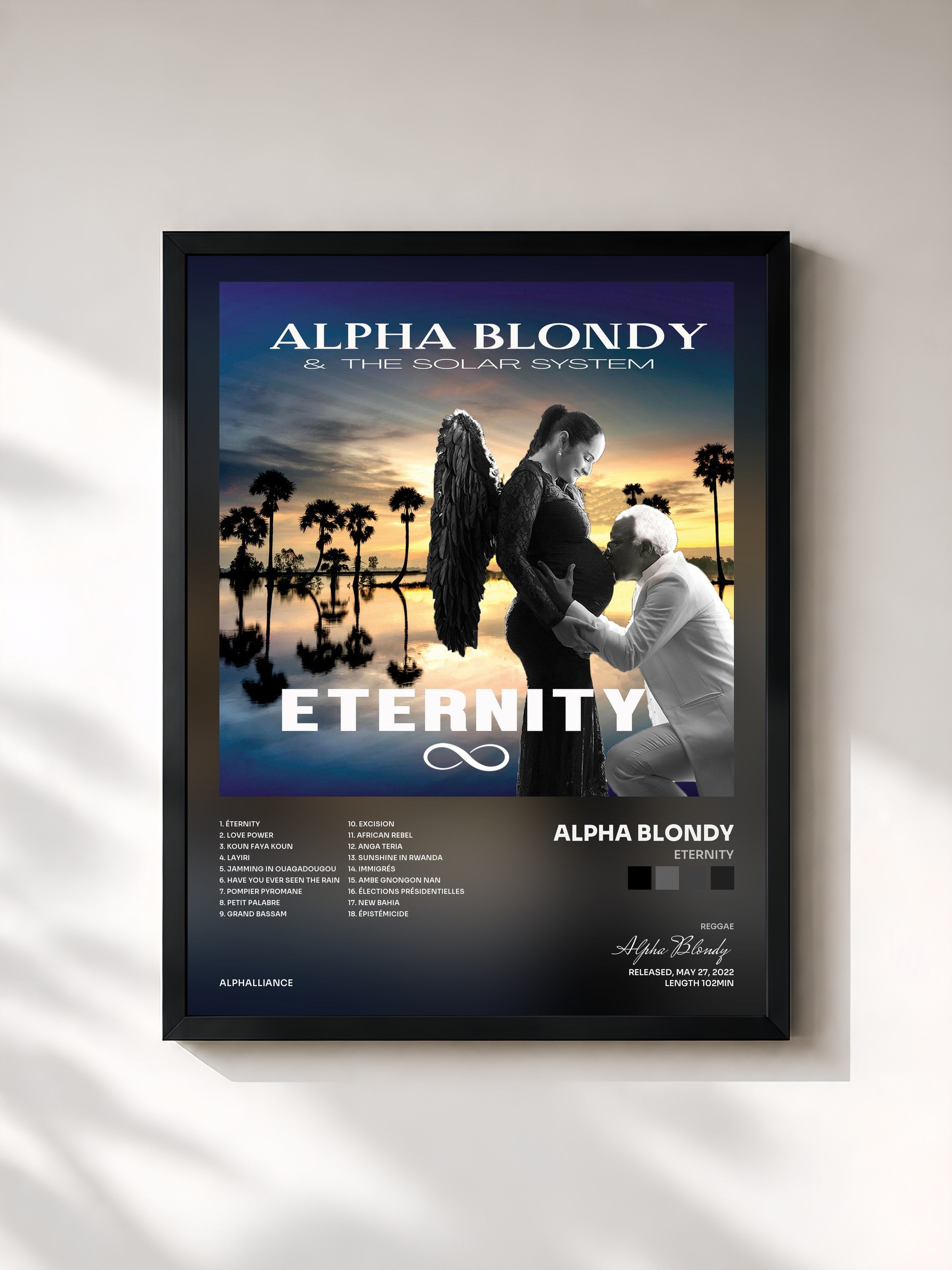#noir Tableau de l'album Eternity de Alpha Blondy, cadre noir, imprimé et encadré en France