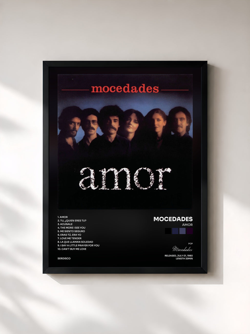 #noir Tableau de l'album Amor de Mocedades, cadre noir, imprimé et encadré en France