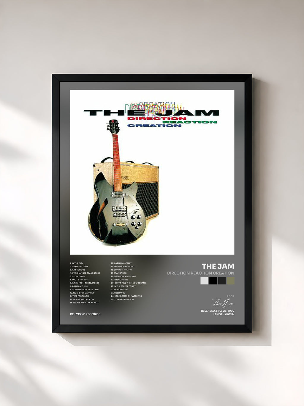 #noir Tableau de l'album Direction Reaction Creation de The Jam, cadre noir, imprimé et encadré en France