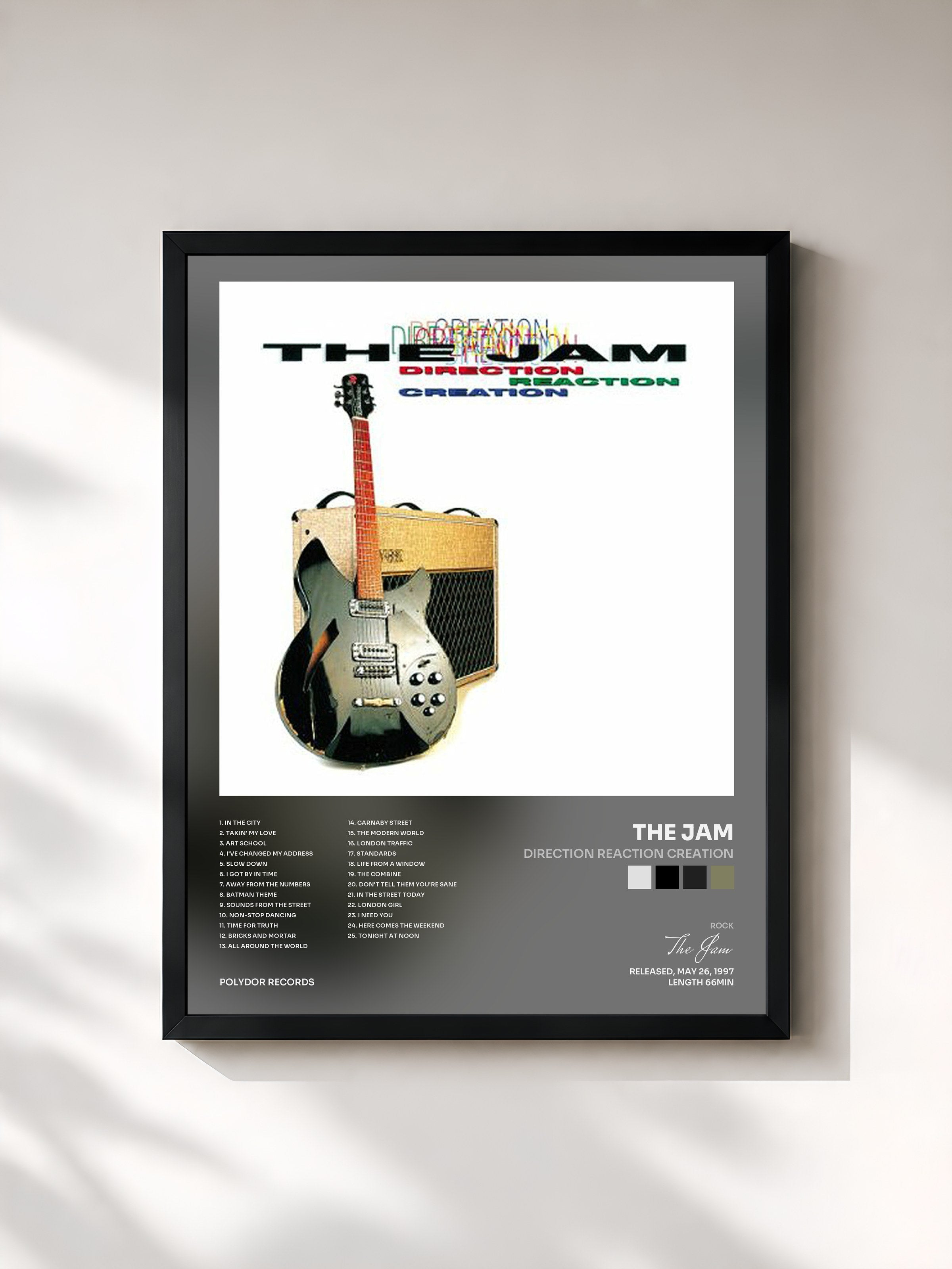 #noir Tableau de l'album Direction Reaction Creation de The Jam, cadre noir, imprimé et encadré en France
