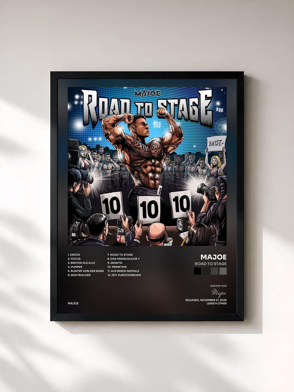 #noir Tableau de l'album Road to Stage de Majoe, cadre noir, imprimé et encadré en France