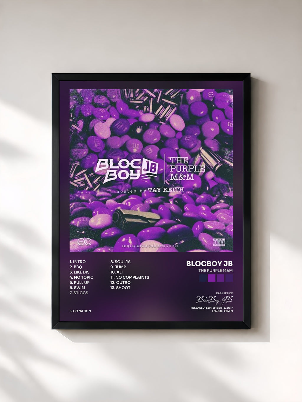#noir Tableau de l'album The Purple M&M de BlocBoy JB, cadre noir, imprimé et encadré en France