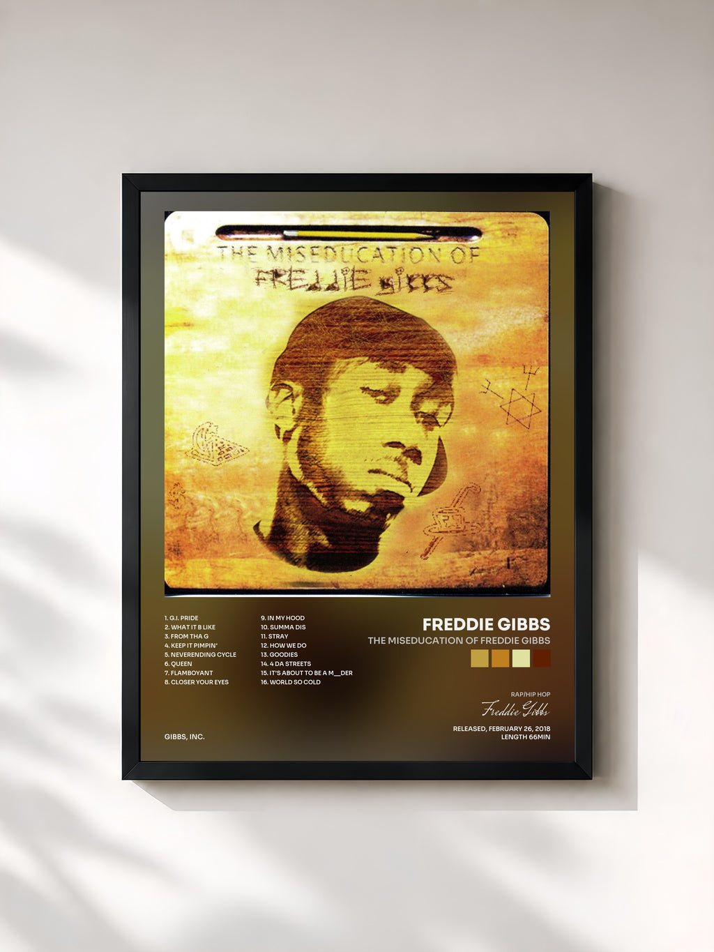 #noir Tableau de l'album The Miseducation of Freddie Gibbs de Freddie Gibbs, cadre noir, imprimé et encadré en France