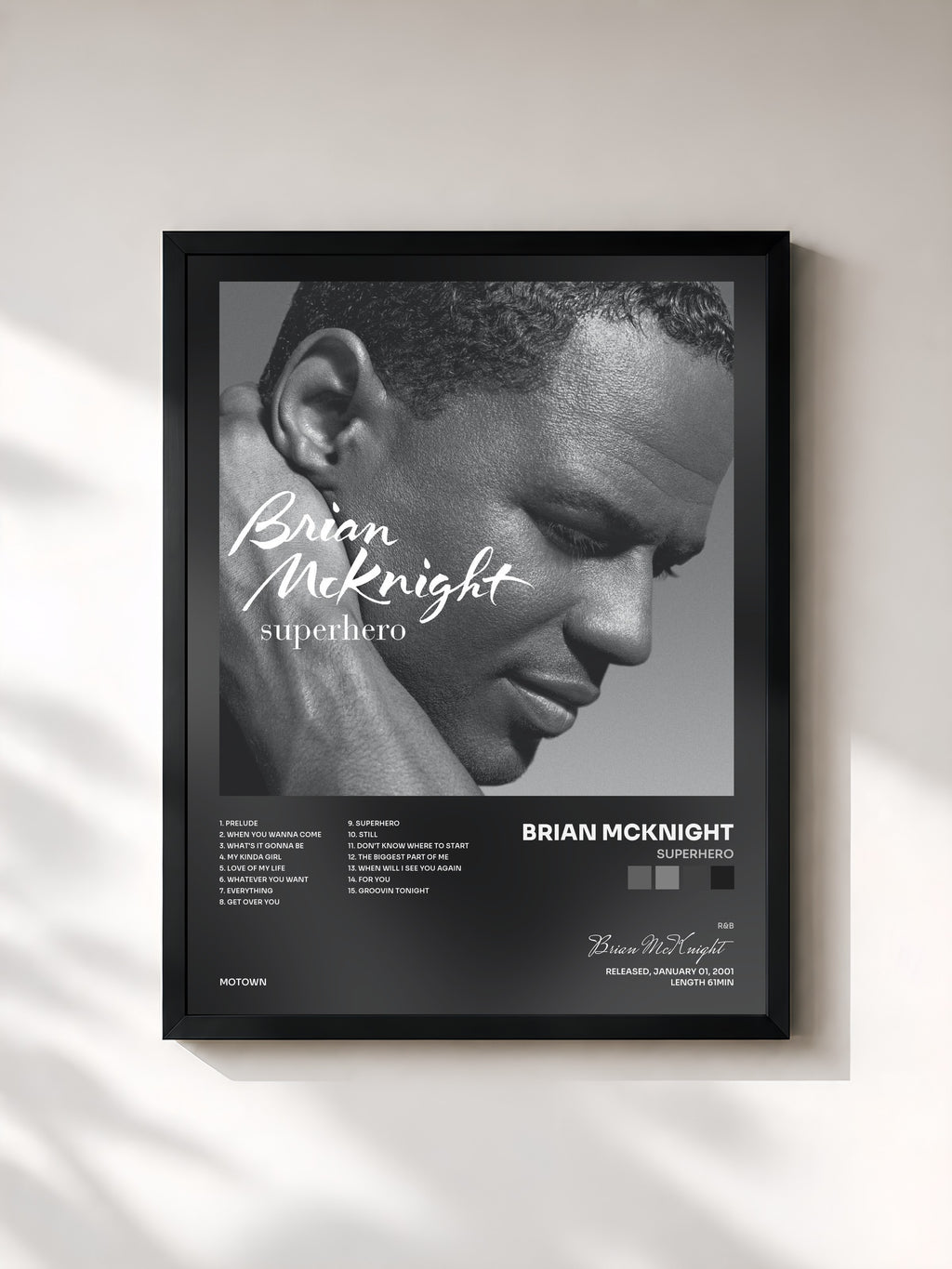 #noir Tableau de l'album Superhero de Brian McKnight, cadre noir, imprimé et encadré en France