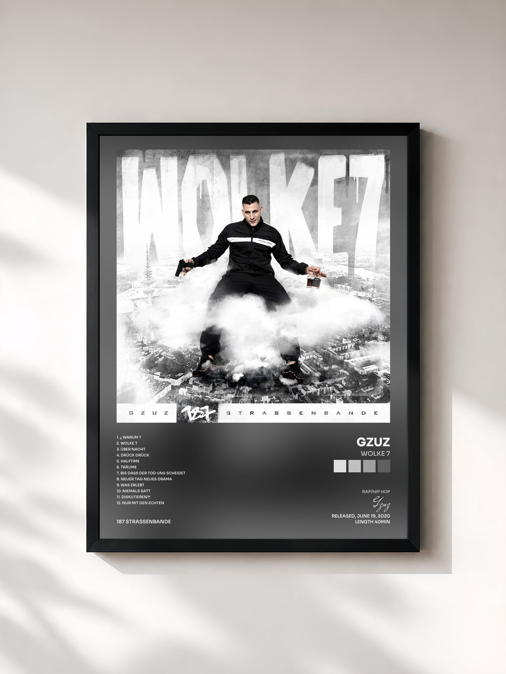 #noir Tableau de l'album Wolke 7 de Gzuz, cadre noir, imprimé et encadré en France