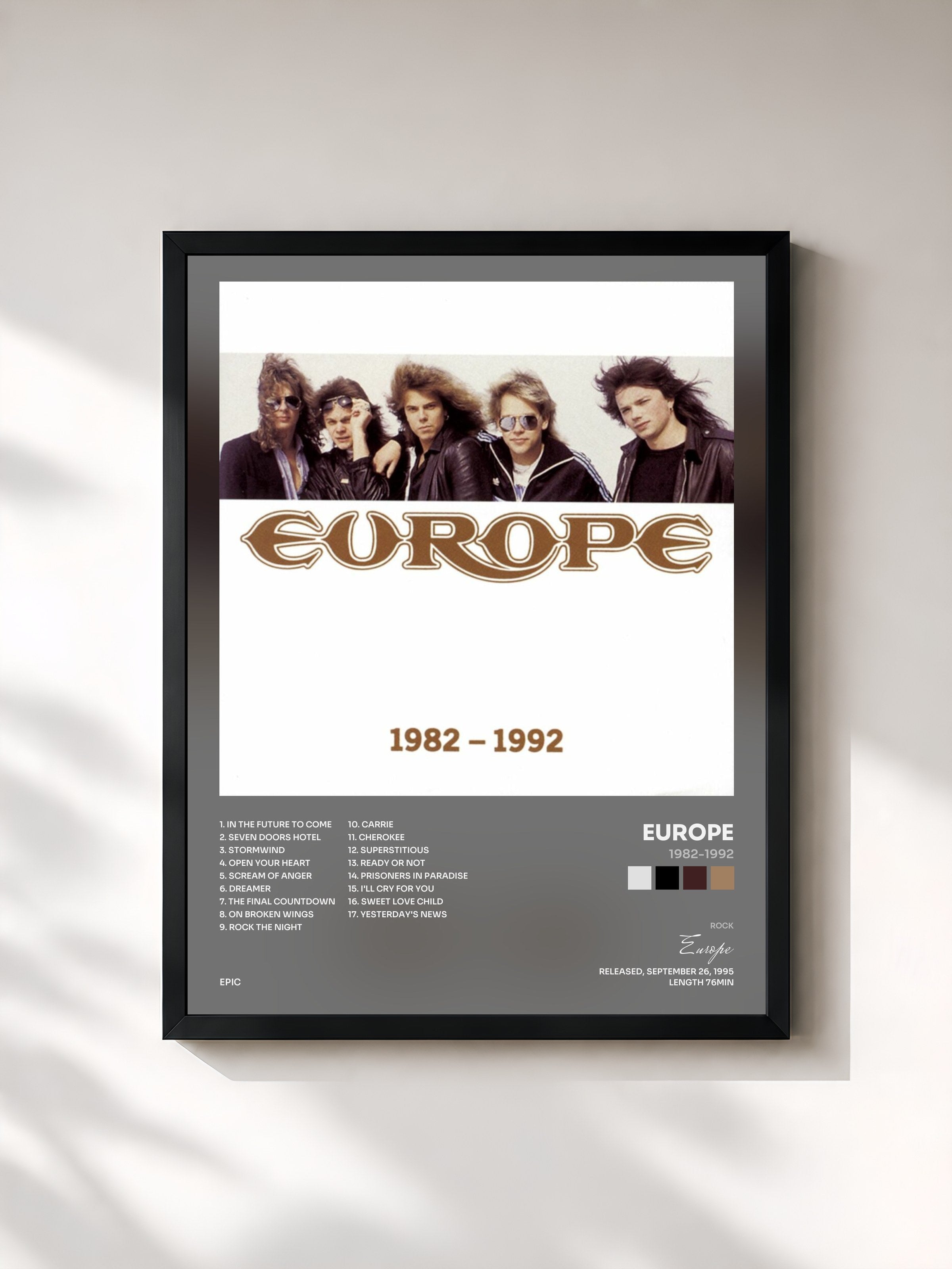 #noir Tableau de l'album 1982-1992 de Europe, cadre noir, imprimé et encadré en France