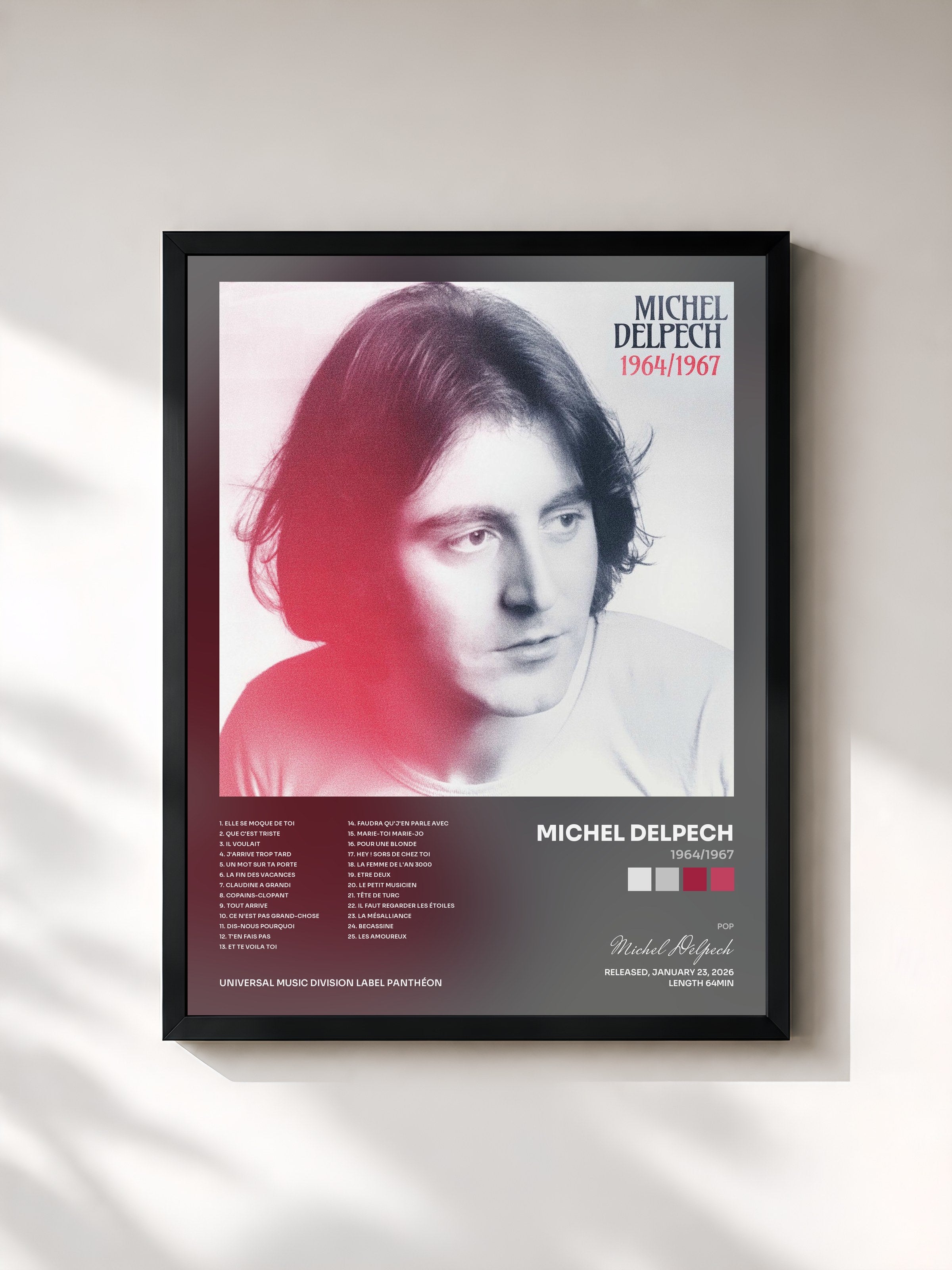 #noir Tableau de l'album 1964/1967 de Michel Delpech, cadre noir, imprimé et encadré en France