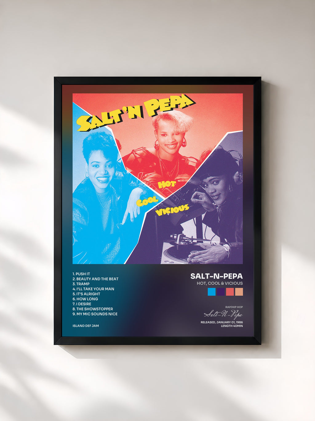 #noir Tableau de l'album Hot, Cool & Vicious de Salt-N-Pepa, cadre noir, imprimé et encadré en France