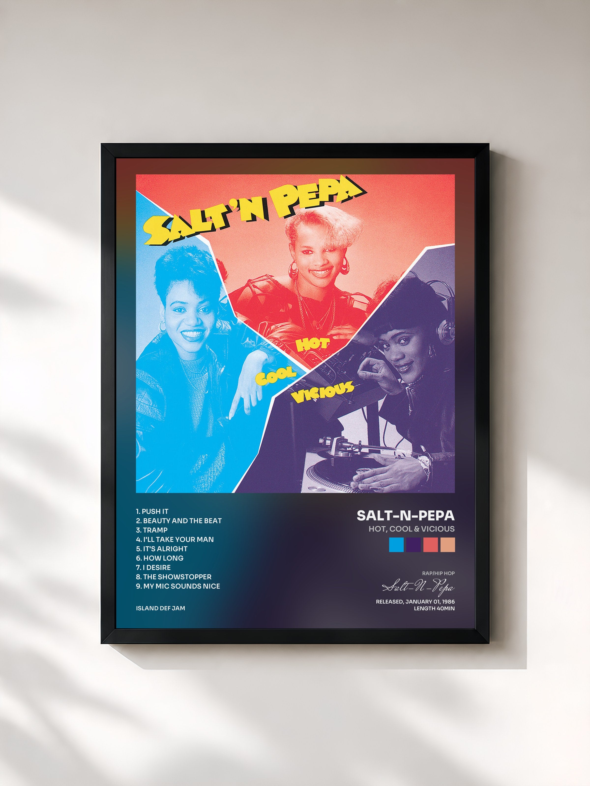 #noir Tableau de l'album Hot, Cool & Vicious de Salt-N-Pepa, cadre noir, imprimé et encadré en France