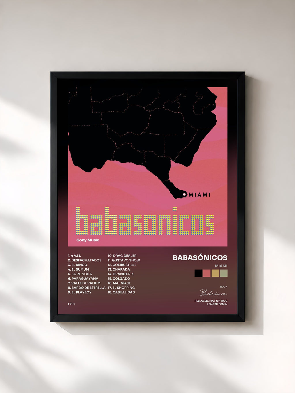 #noir Tableau de l'album Miami de Babasónicos, cadre noir, imprimé et encadré en France