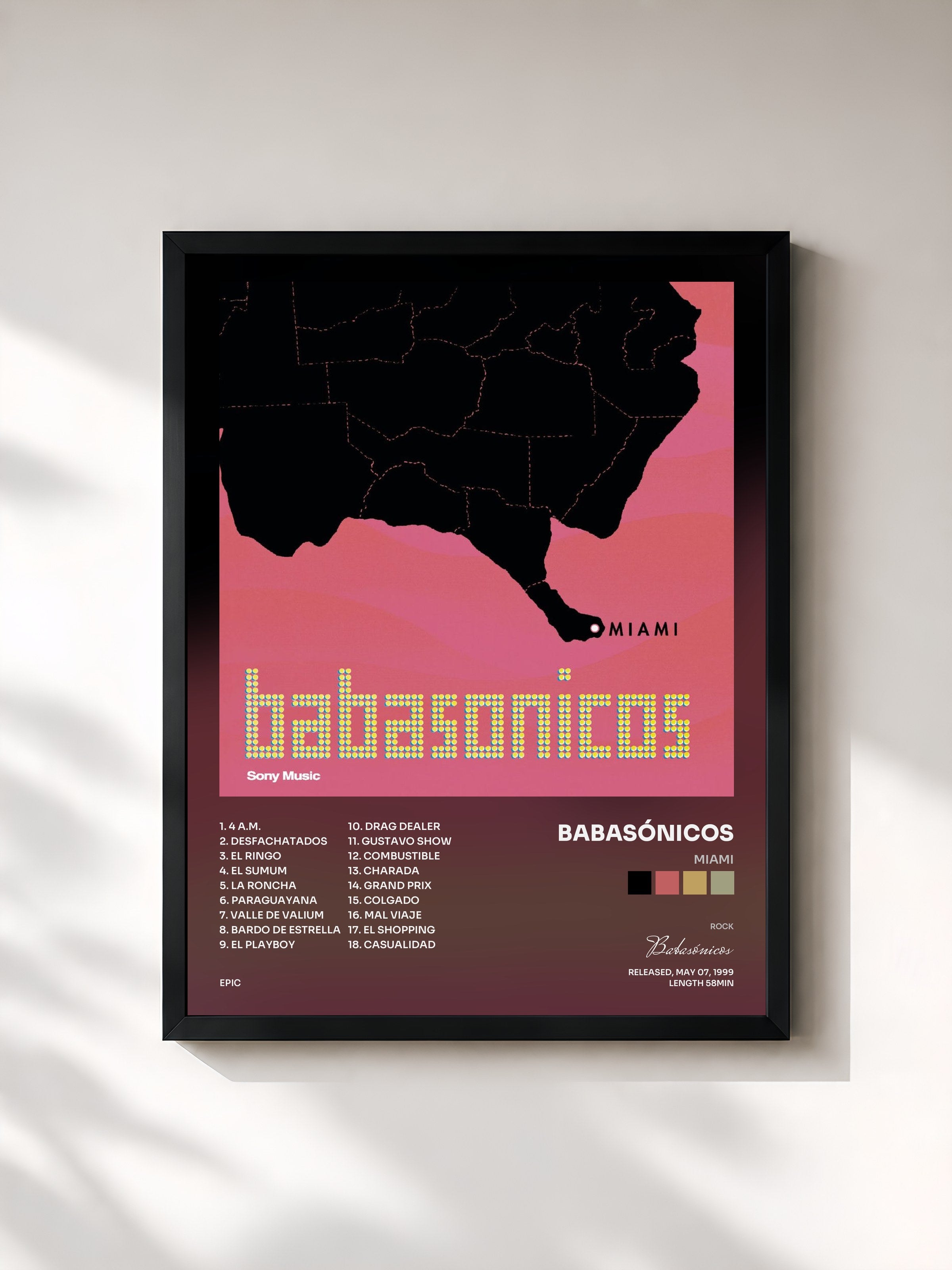 #noir Tableau de l'album Miami de Babasónicos, cadre noir, imprimé et encadré en France