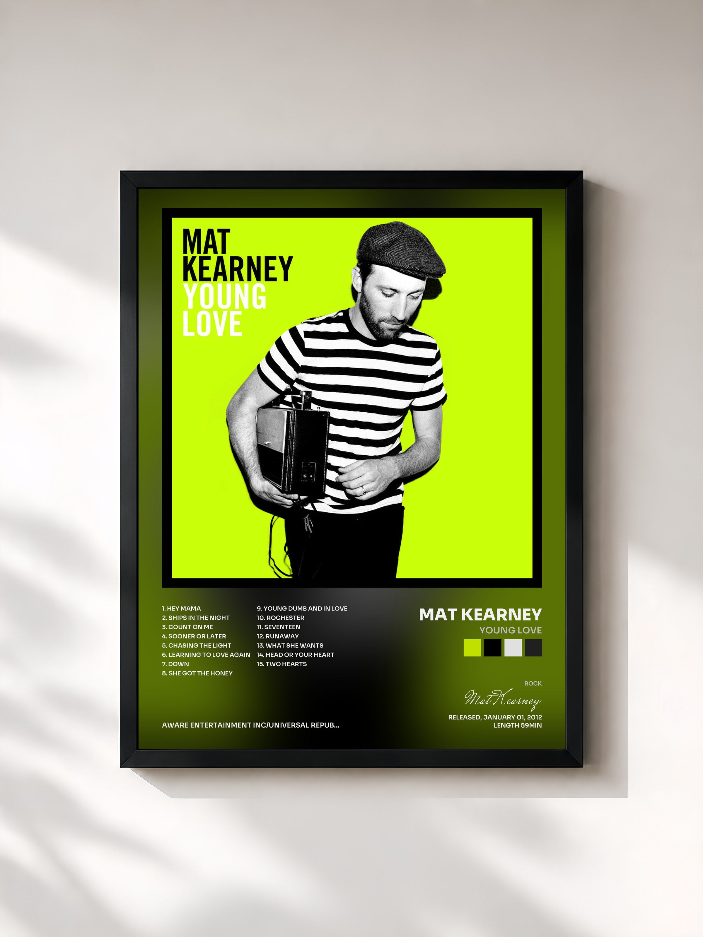 #noir Tableau de l'album Young Love de Mat Kearney, cadre noir, imprimé et encadré en France