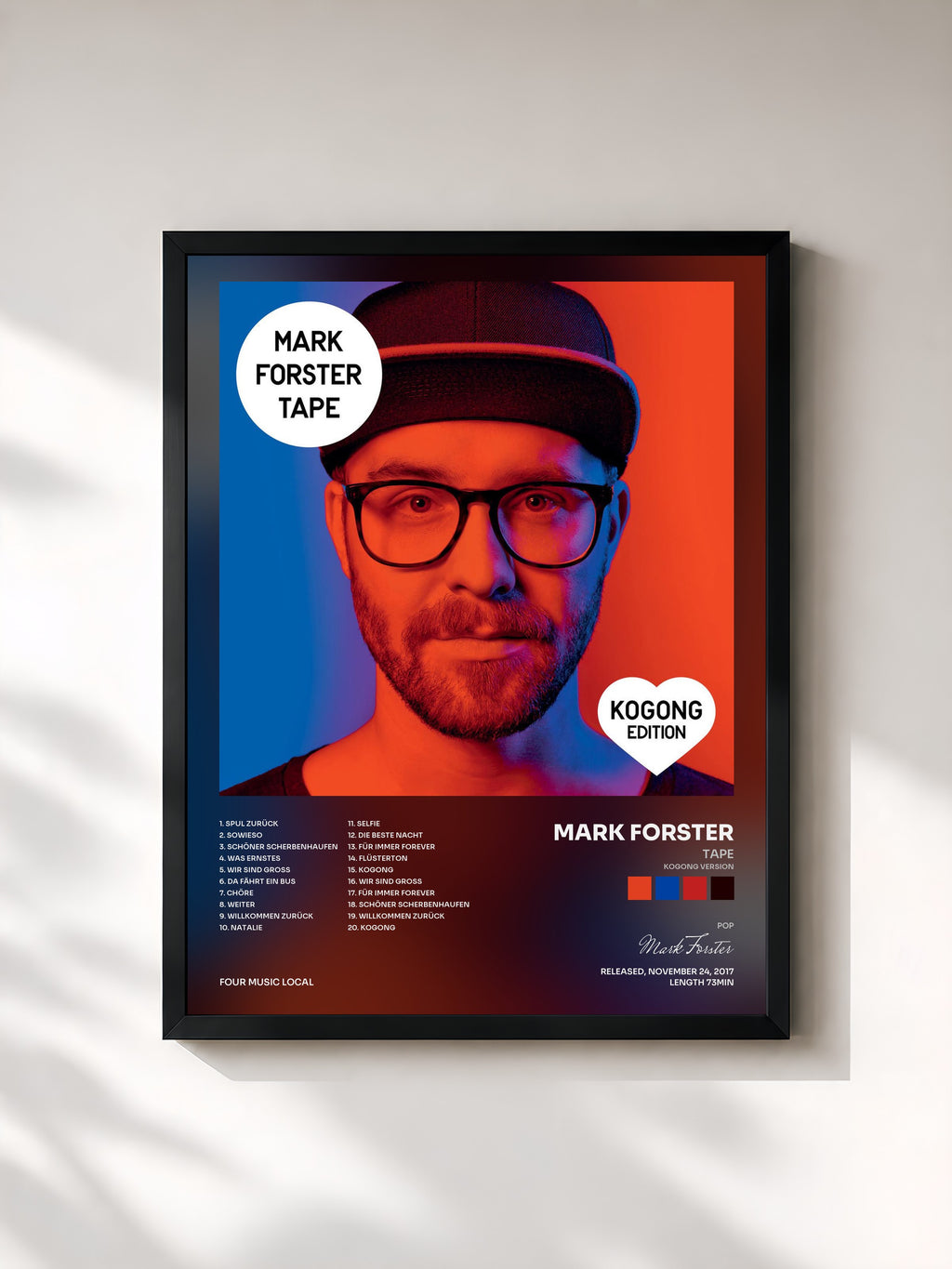 #noir Tableau de l'album TAPE (Kogong Version) de Mark Forster, cadre noir, imprimé et encadré en France